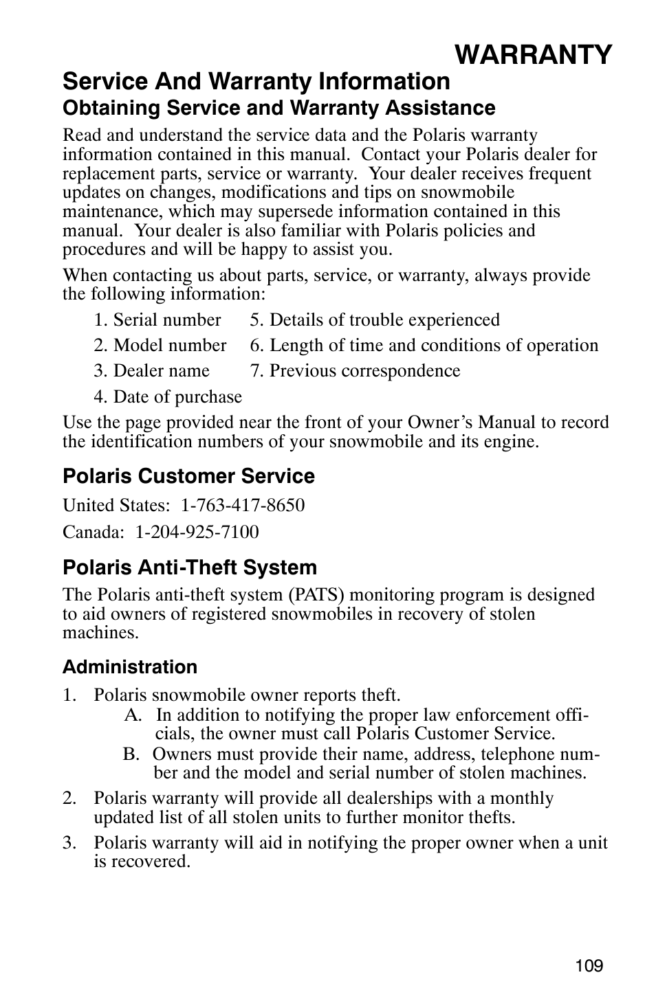 Warranty, Service and warranty information | Polaris 2005 440 IQ User Manual | Page 112 / 122