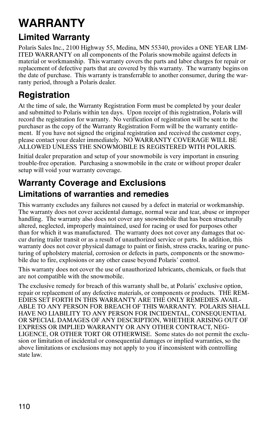 Warranty, Limited warranty, Registration | Warranty coverage and exclusions, Limitations of warranties and remedies | Polaris 2005 440 IQ User Manual | Page 113 / 122