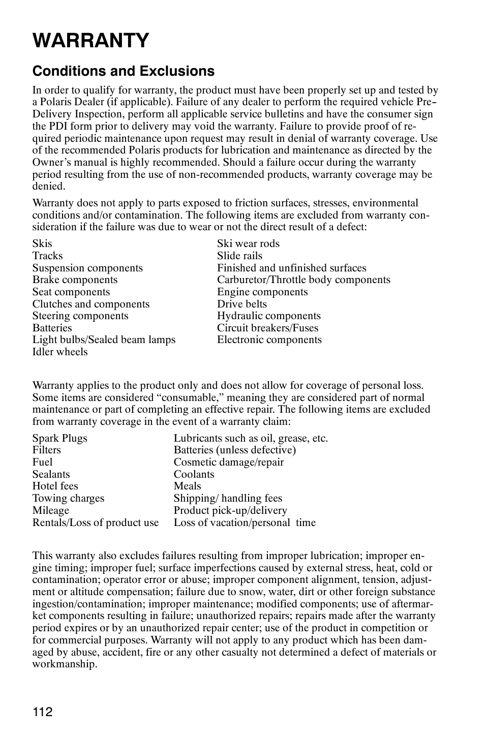 Warranty, Conditions and exclusions | Polaris 2005 440 IQ User Manual | Page 115 / 122