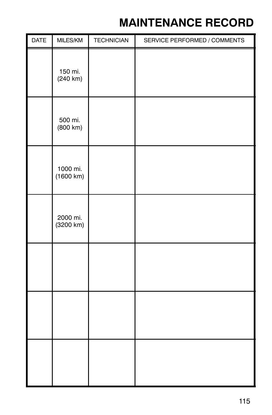 Maintenance record | Polaris 2005 440 IQ User Manual | Page 118 / 122