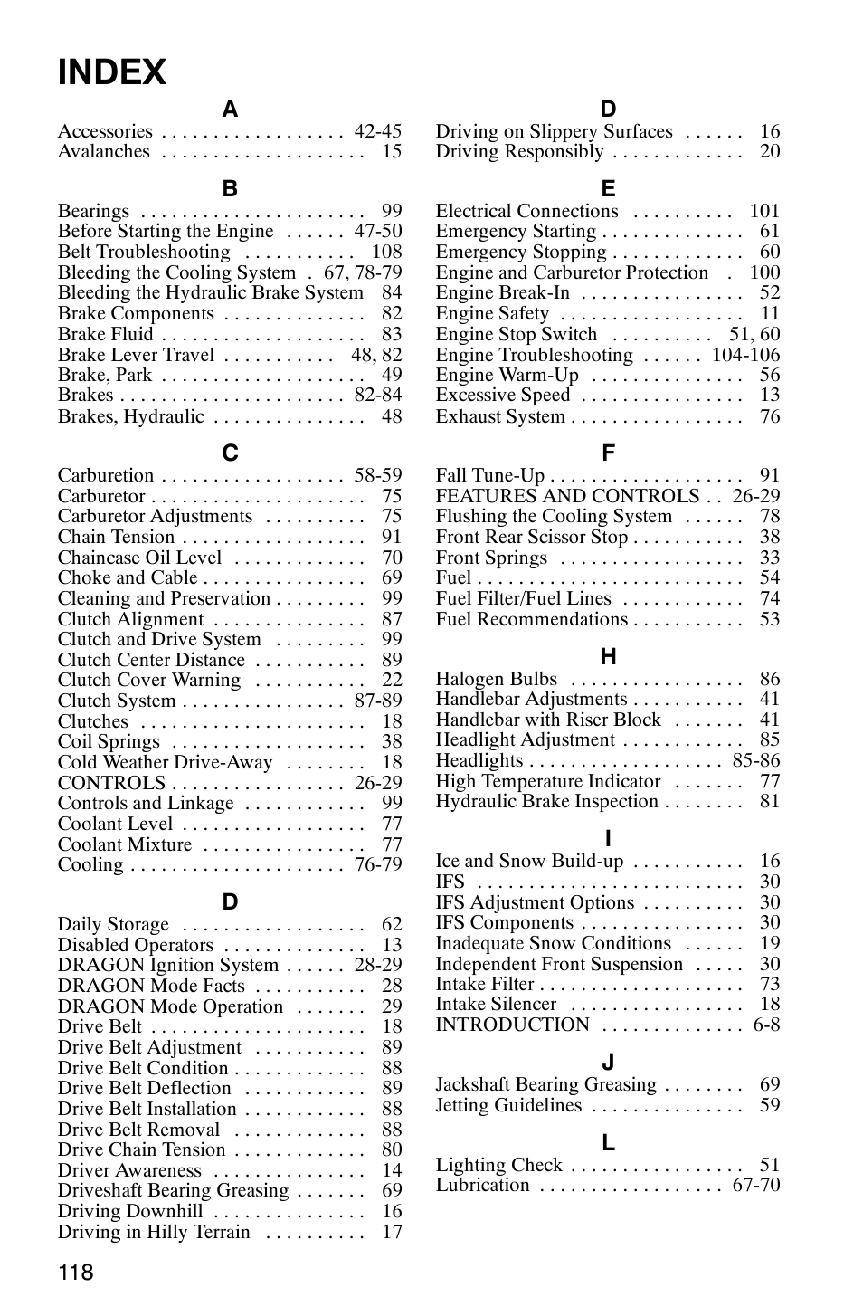 Index | Polaris 2005 440 IQ User Manual | Page 121 / 122