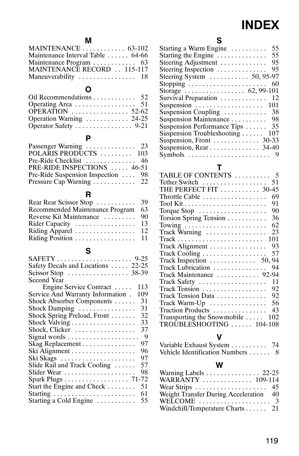 Index | Polaris 2005 440 IQ User Manual | Page 122 / 122