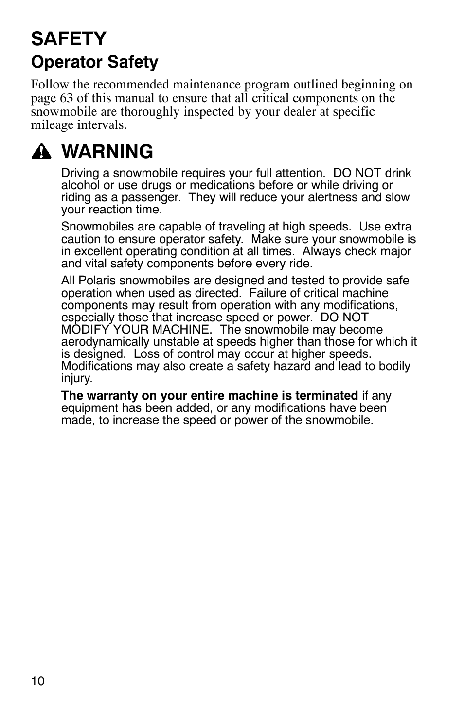 Safety, Warning, Operator safety | Polaris 2005 440 IQ User Manual | Page 13 / 122