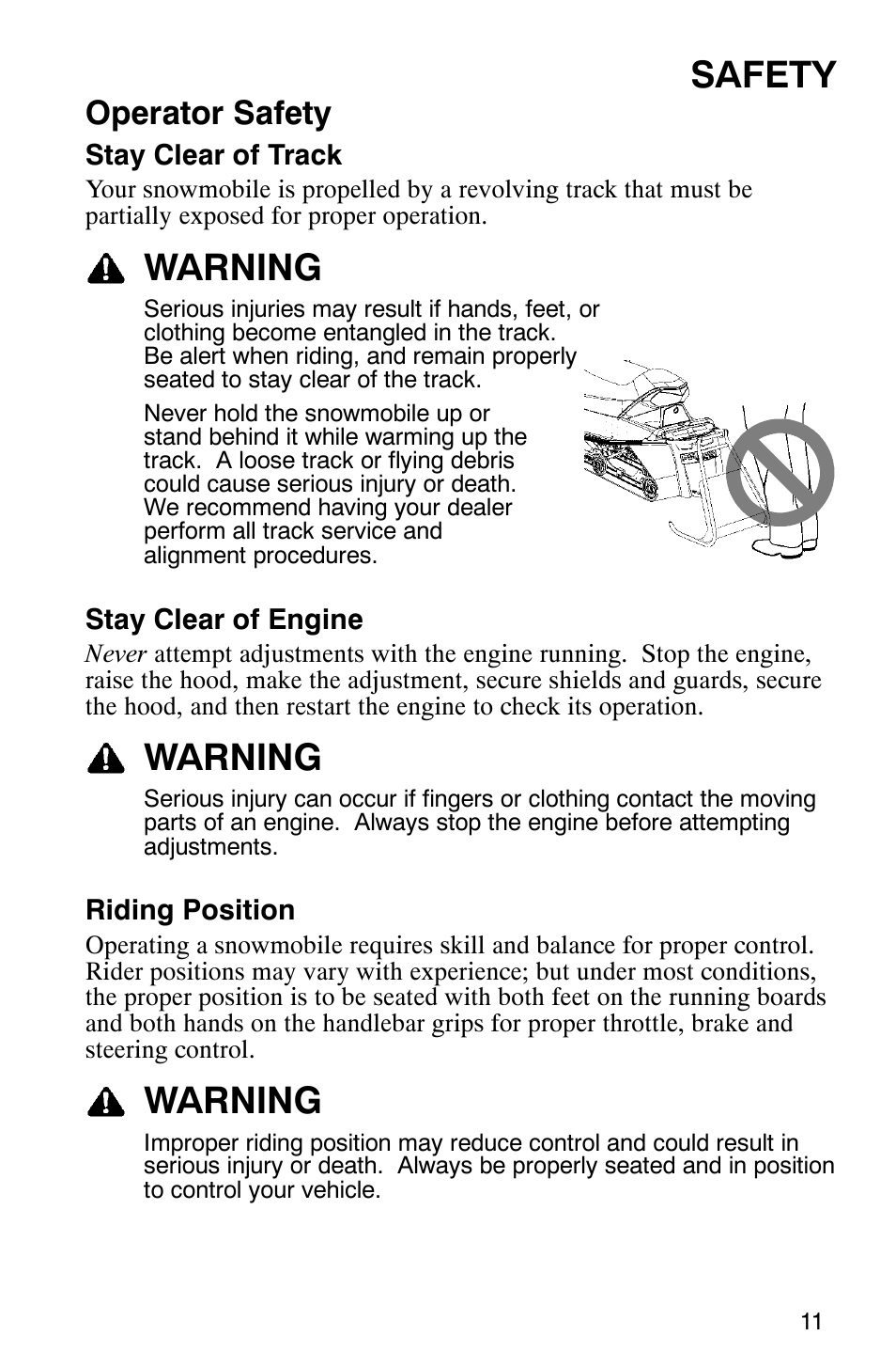 Safety, Warning, Operator safety | Polaris 2005 440 IQ User Manual | Page 14 / 122