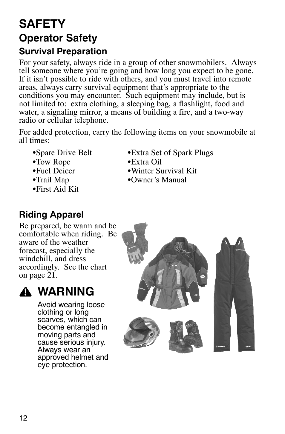 Safety, Warning, Operator safety | Polaris 2005 440 IQ User Manual | Page 15 / 122