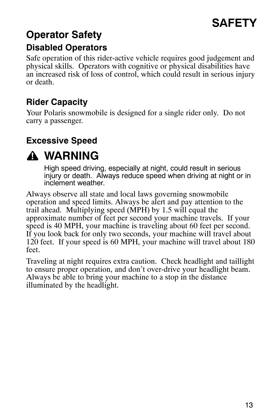 Safety, Warning, Operator safety | Polaris 2005 440 IQ User Manual | Page 16 / 122