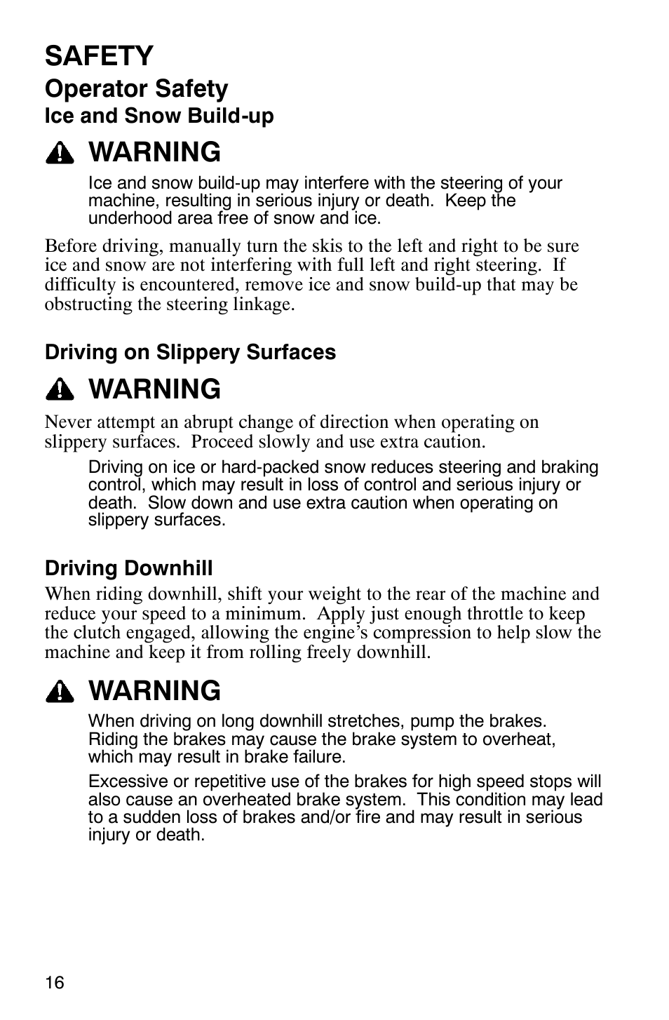 Safety, Warning, Operator safety | Polaris 2005 440 IQ User Manual | Page 19 / 122