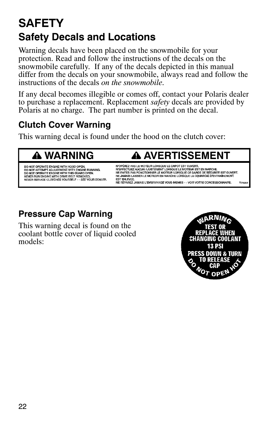 Safety, Safety decals and locations, Warning avertissement | Polaris 2005 440 IQ User Manual | Page 25 / 122