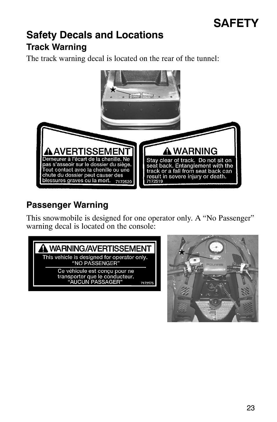 Safety, Safety decals and locations | Polaris 2005 440 IQ User Manual | Page 26 / 122