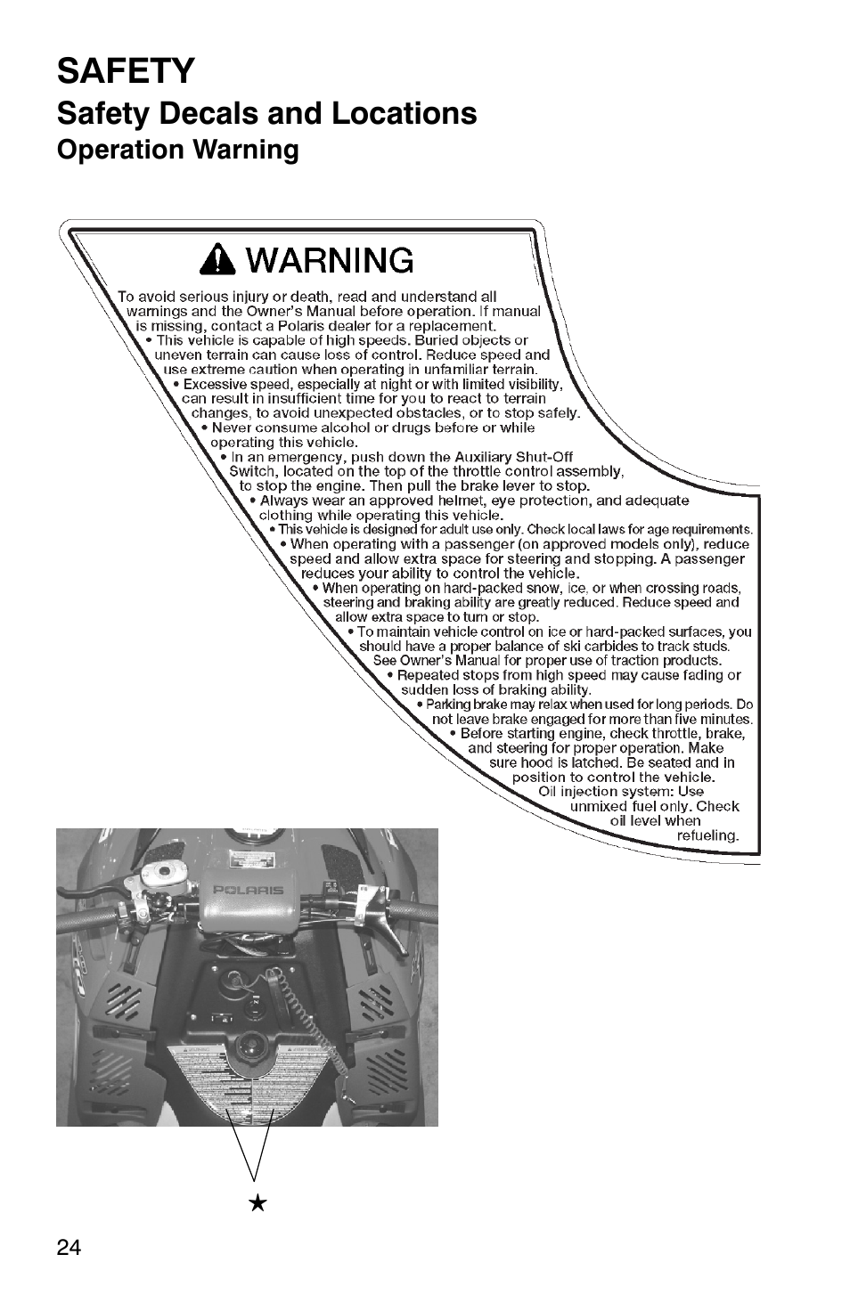 Safety, Safety decals and locations | Polaris 2005 440 IQ User Manual | Page 27 / 122