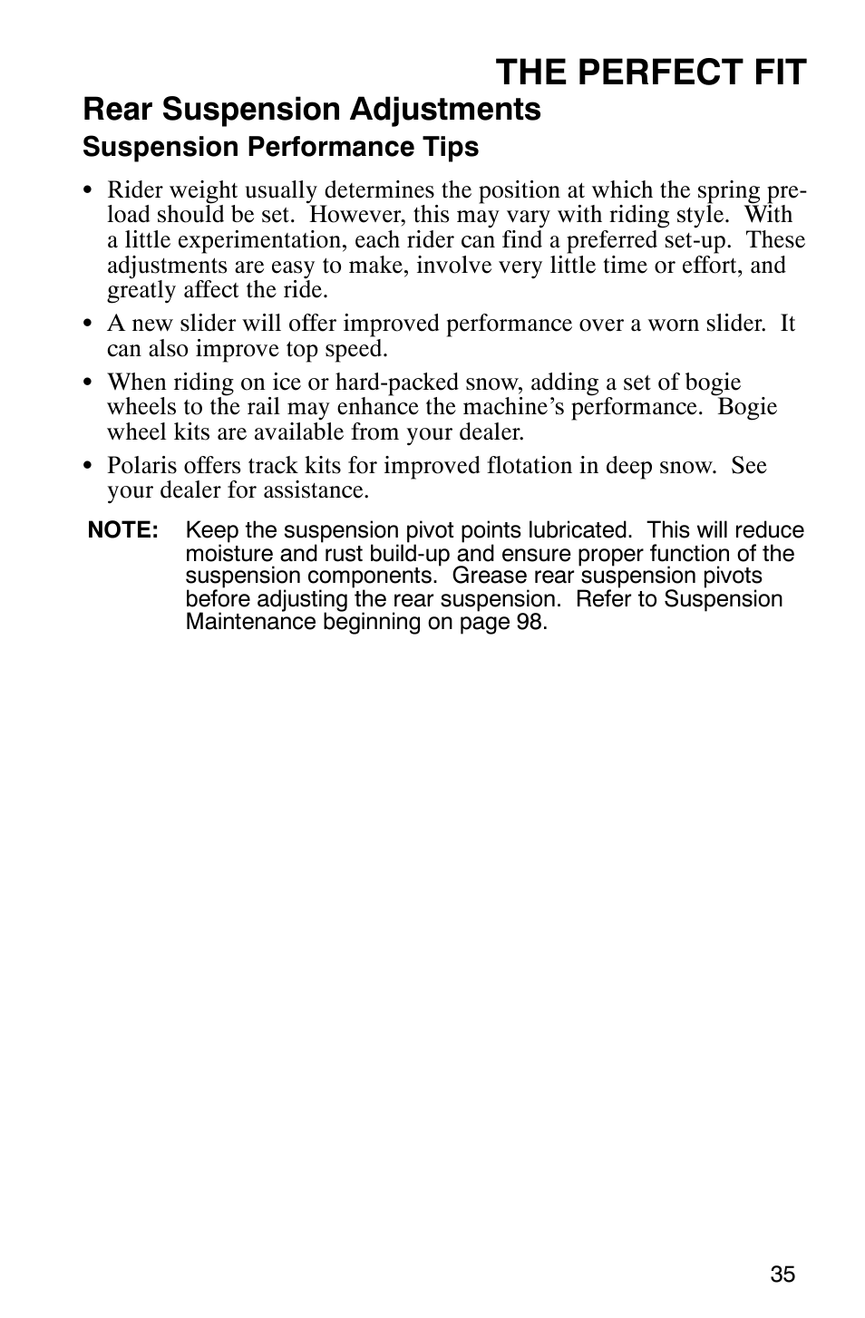 The perfect fit, Rear suspension adjustments | Polaris 2005 440 IQ User Manual | Page 38 / 122