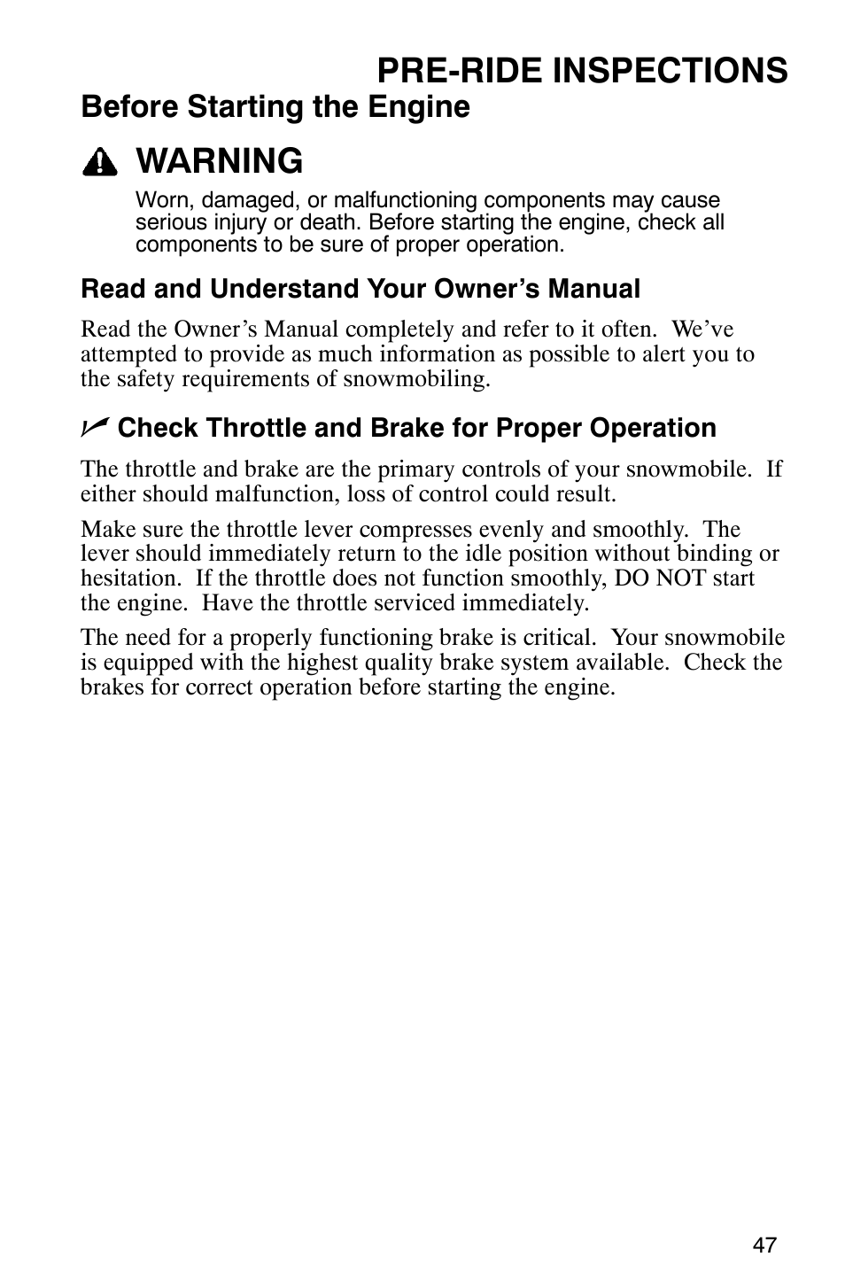 Pre-ride inspections, Warning, Before starting the engine | Polaris 2005 440 IQ User Manual | Page 50 / 122