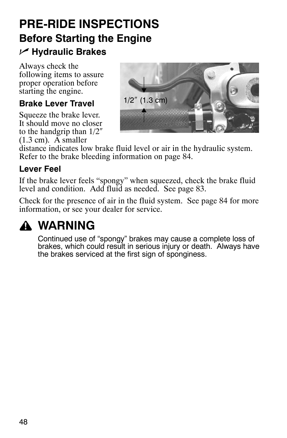 Pre-ride inspections, Warning, Before starting the engine n | Polaris 2005 440 IQ User Manual | Page 51 / 122