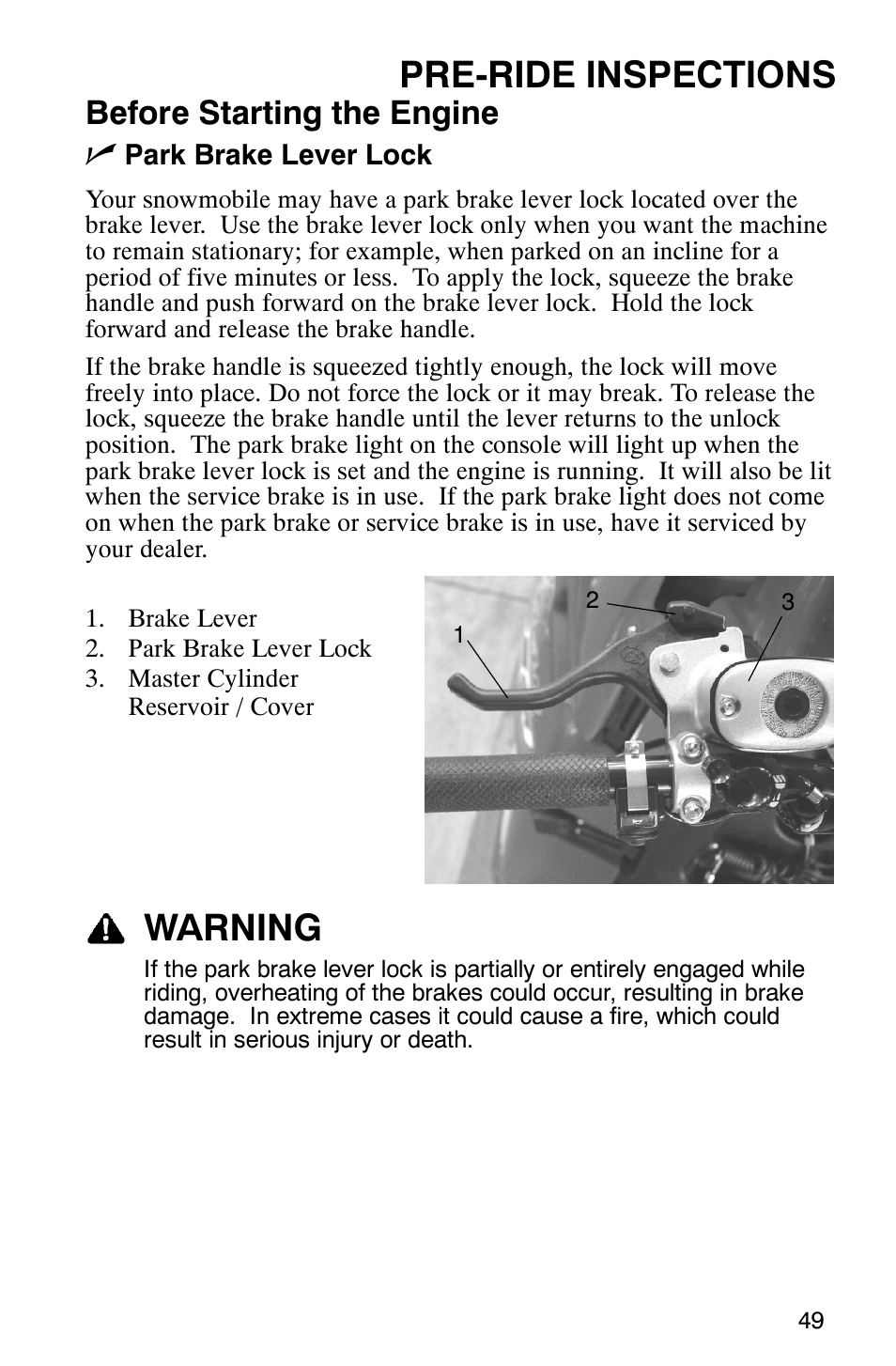 Pre-ride inspections, Warning, Before starting the engine n | Polaris 2005 440 IQ User Manual | Page 52 / 122