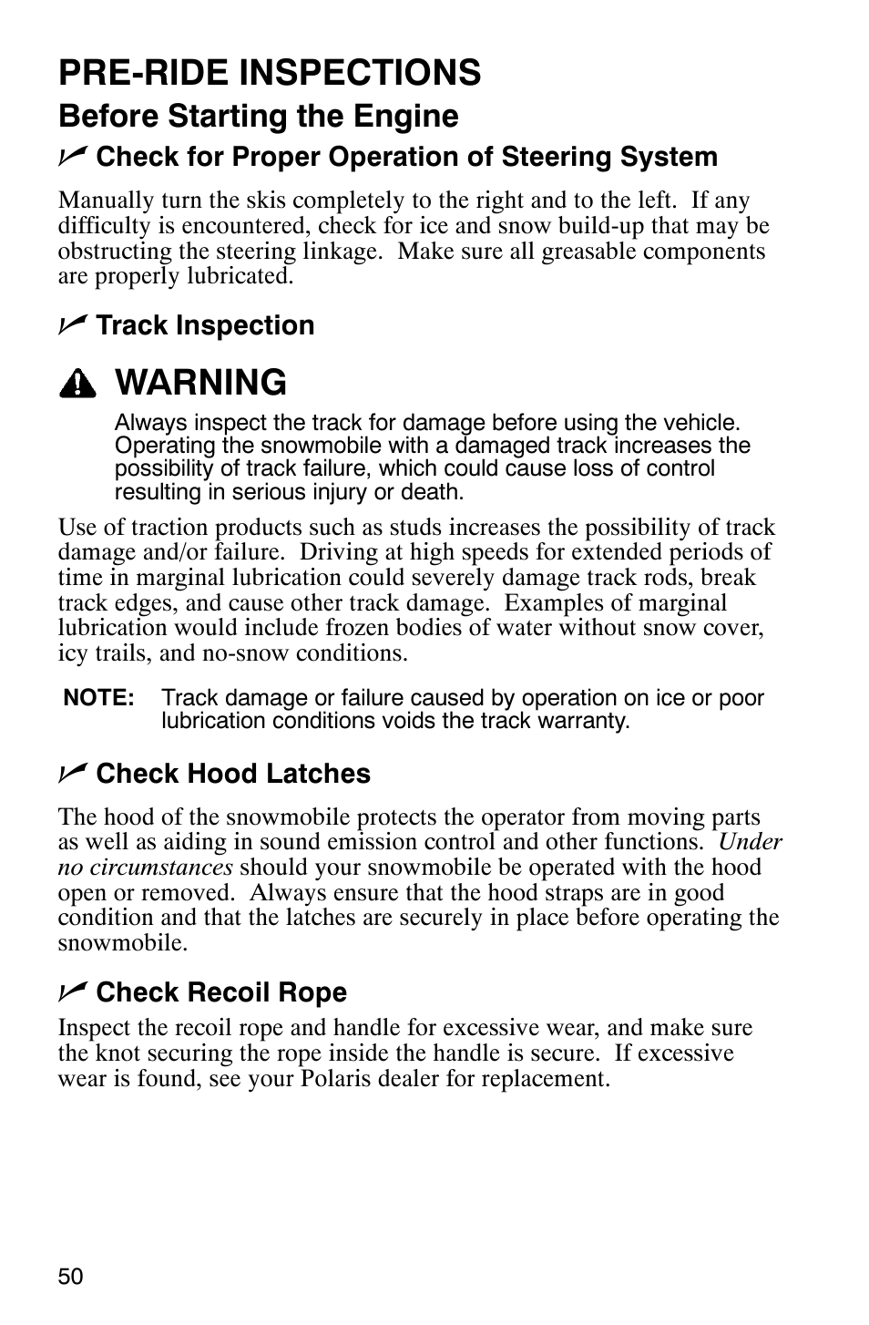 Pre-ride inspections, Warning, Before starting the engine n | Polaris 2005 440 IQ User Manual | Page 53 / 122