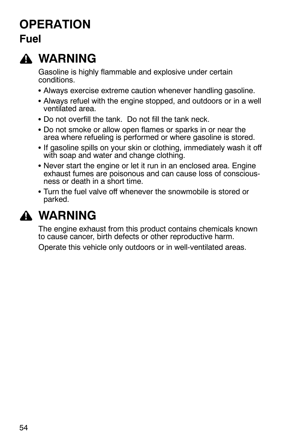 Operation, Warning, Fuel | Polaris 2005 440 IQ User Manual | Page 57 / 122