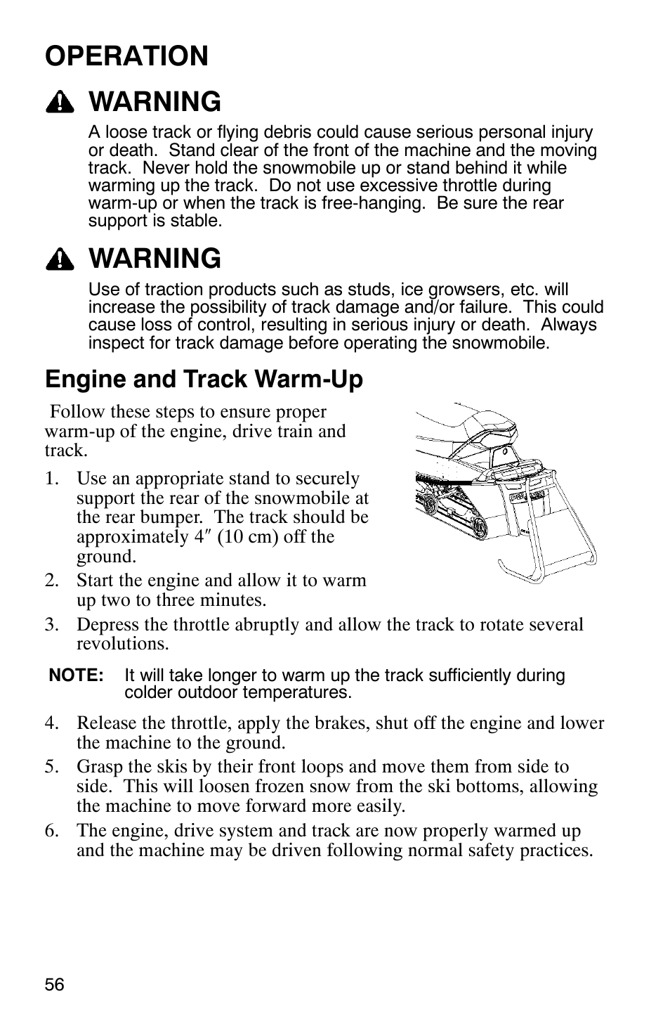 Operation warning, Warning, Engine and track warm-up | Polaris 2005 440 IQ User Manual | Page 59 / 122