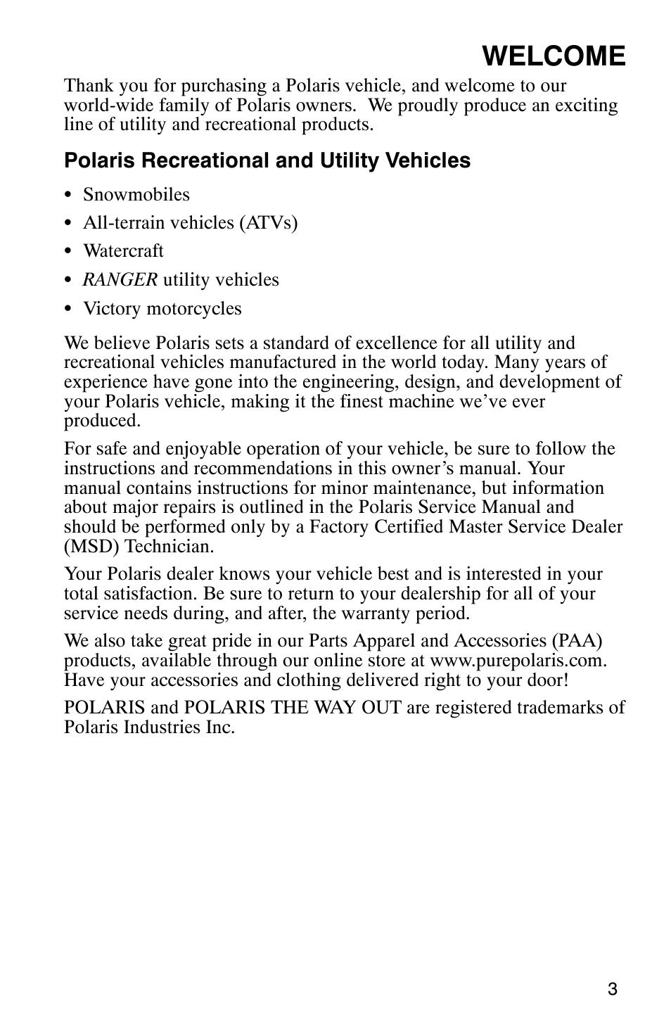 Welcome | Polaris 2005 440 IQ User Manual | Page 6 / 122