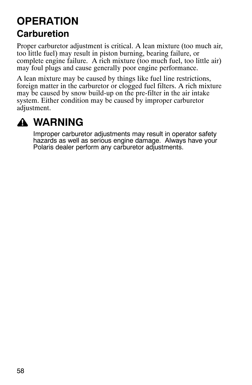 Operation, Warning, Carburetion | Polaris 2005 440 IQ User Manual | Page 61 / 122