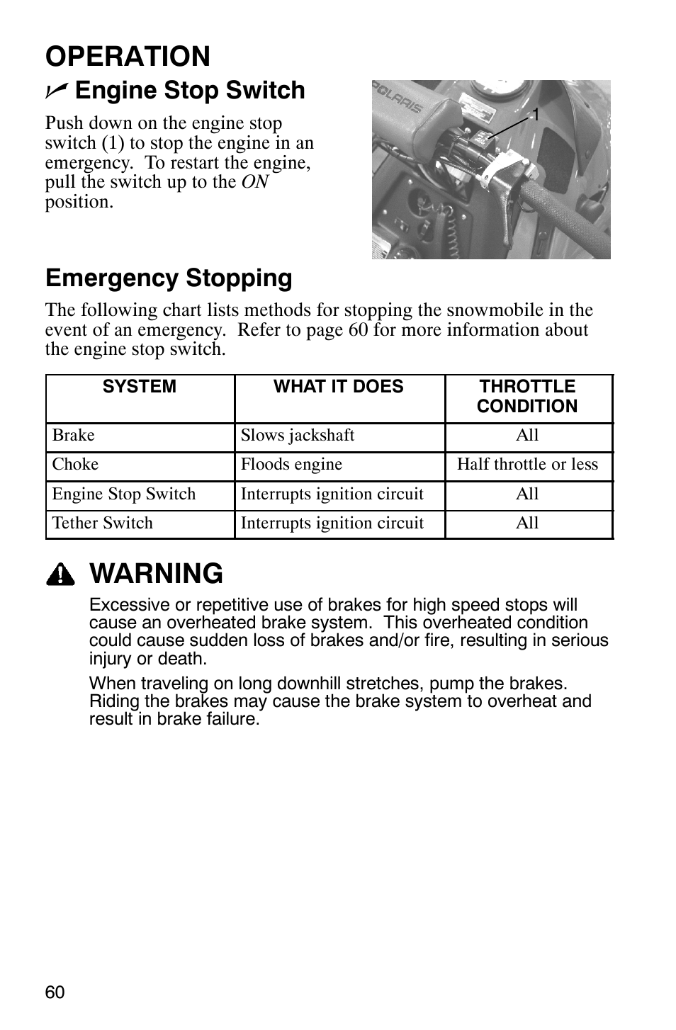 Operation, Warning, Nengine stop switch | Emergency stopping | Polaris 2005 440 IQ User Manual | Page 63 / 122