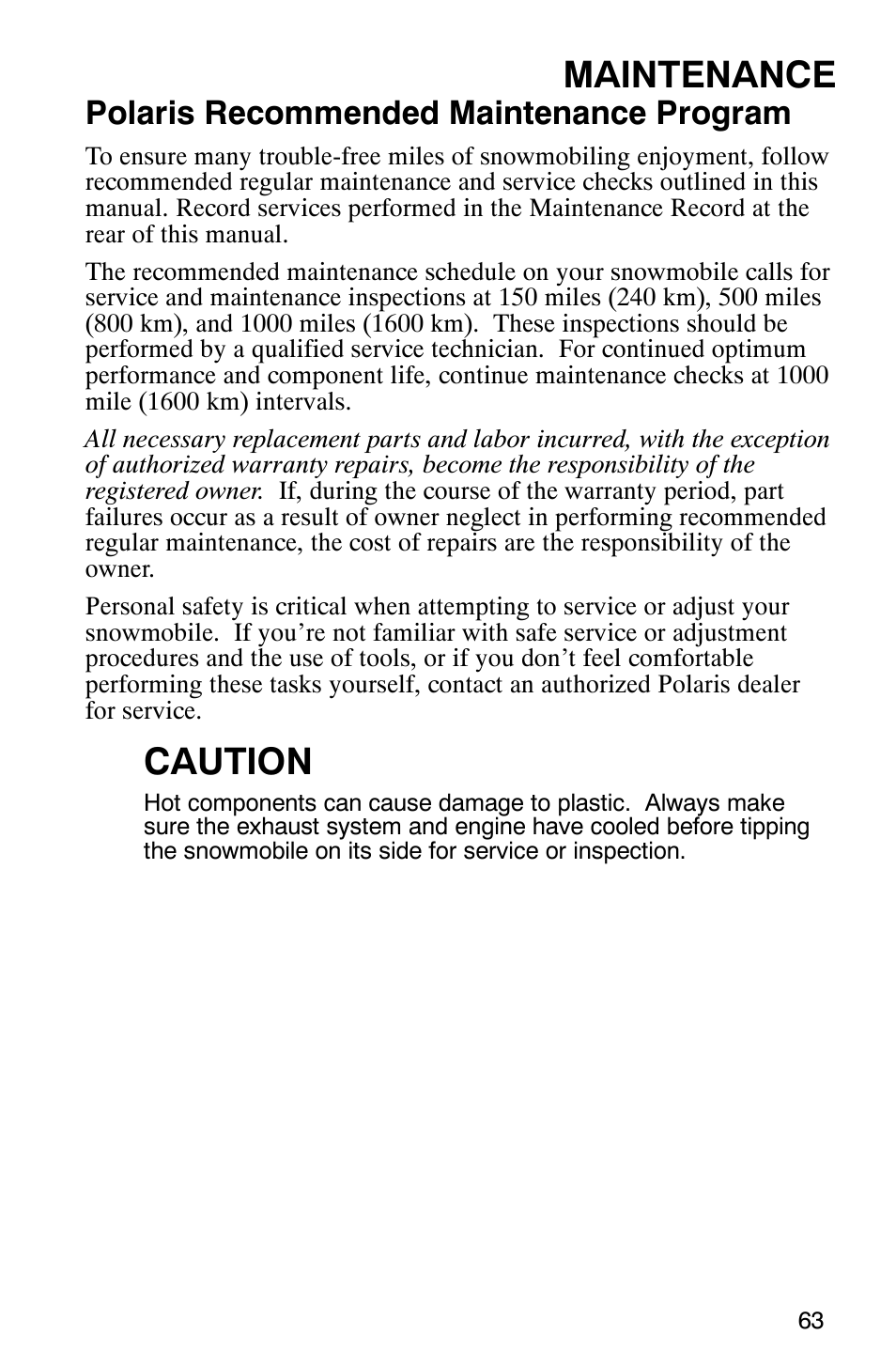 Maintenance, Caution, Polaris recommended maintenance program | Polaris 2005 440 IQ User Manual | Page 66 / 122