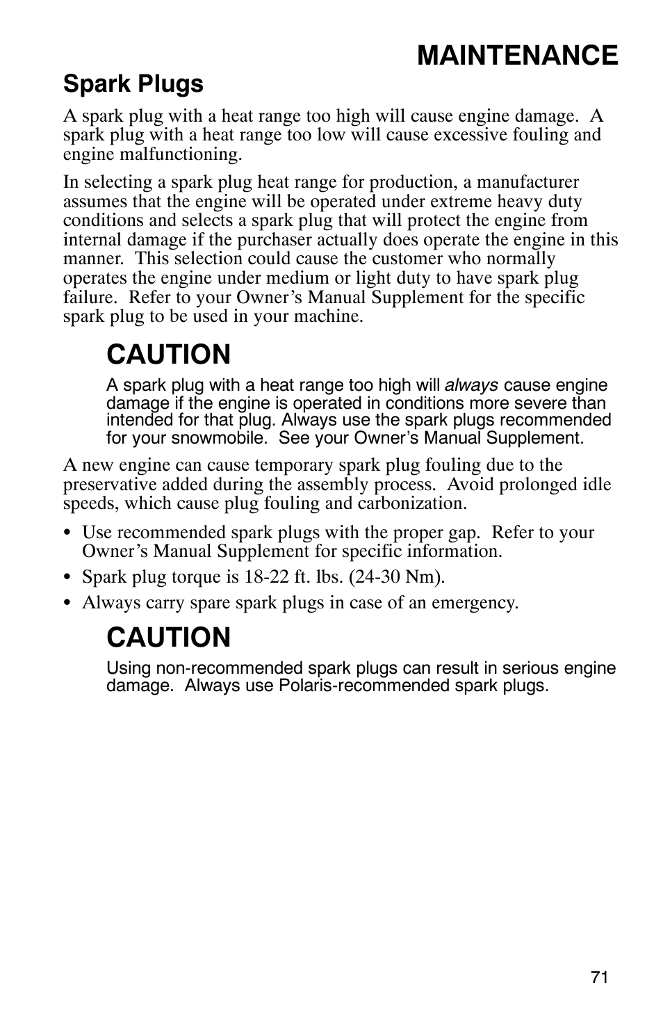 Maintenance, Caution, Spark plugs | Polaris 2005 440 IQ User Manual | Page 74 / 122