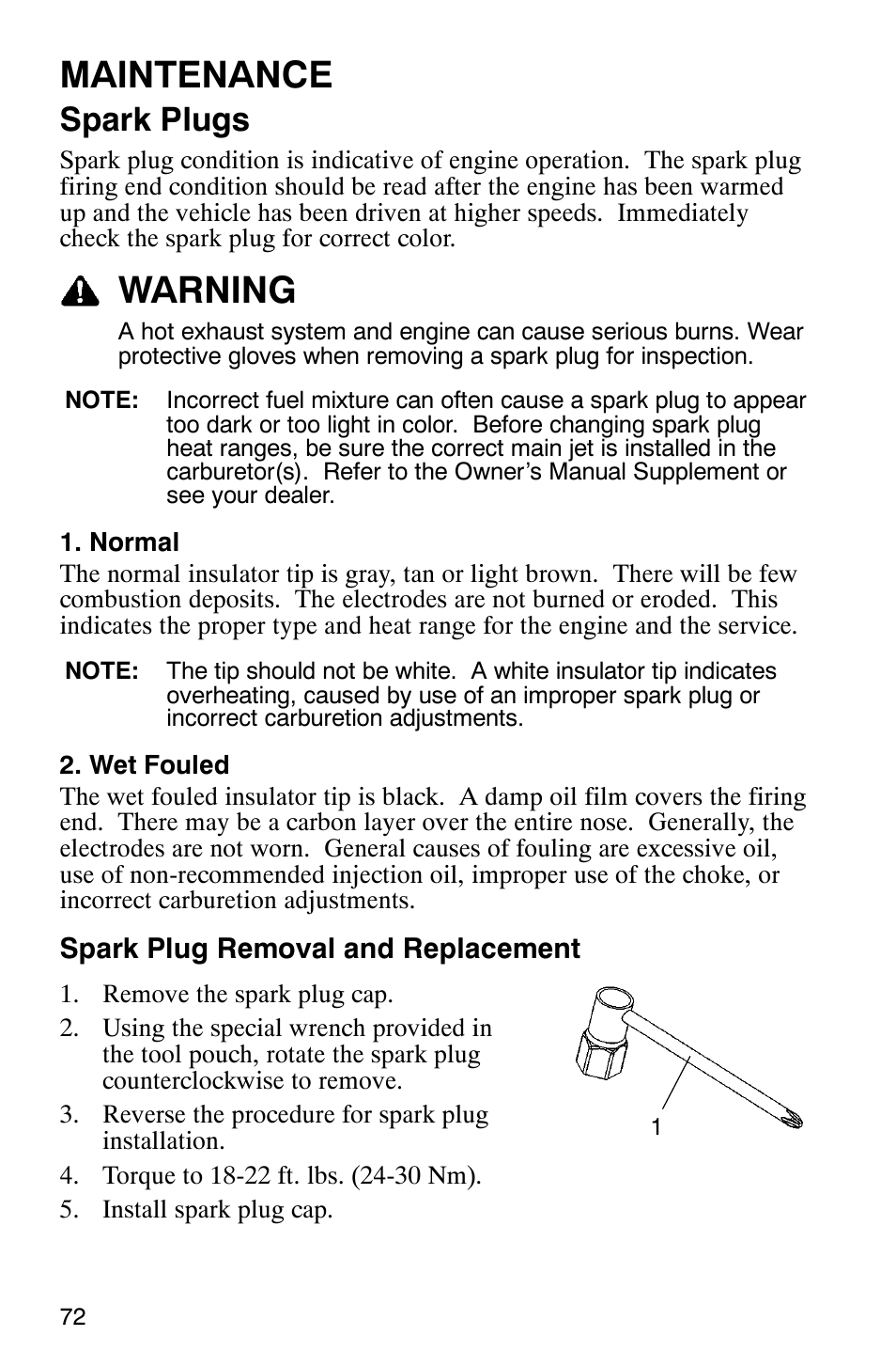 Maintenance, Warning, Spark plugs | Polaris 2005 440 IQ User Manual | Page 75 / 122