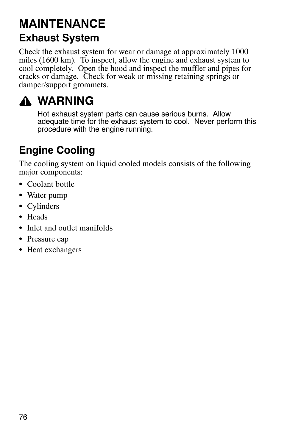 Maintenance, Warning, Exhaust system | Engine cooling | Polaris 2005 440 IQ User Manual | Page 79 / 122