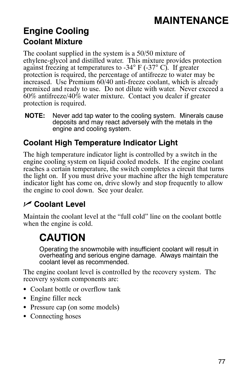 Maintenance, Caution, Engine cooling | Polaris 2005 440 IQ User Manual | Page 80 / 122