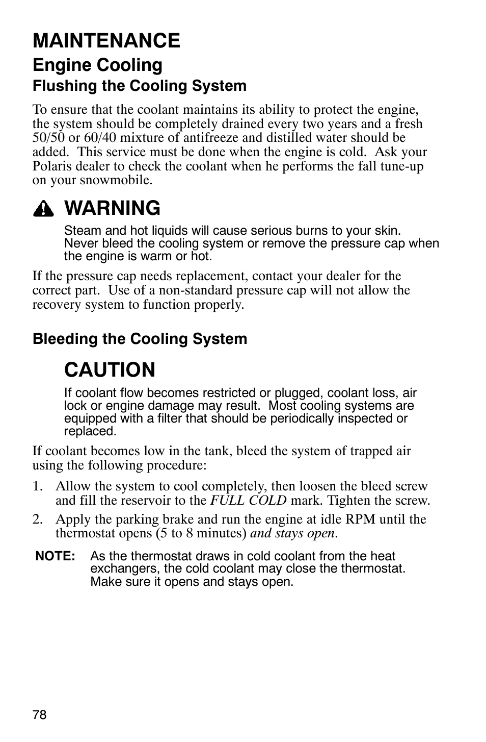 Maintenance, Warning, Caution | Engine cooling | Polaris 2005 440 IQ User Manual | Page 81 / 122