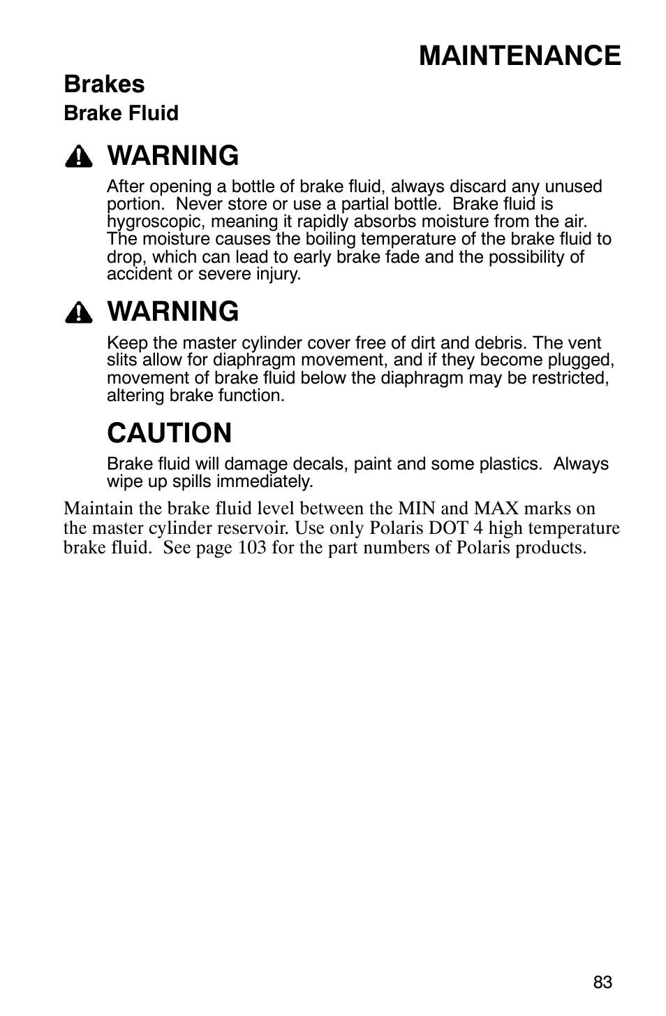 Maintenance, Warning, Caution | Brakes | Polaris 2005 440 IQ User Manual | Page 86 / 122