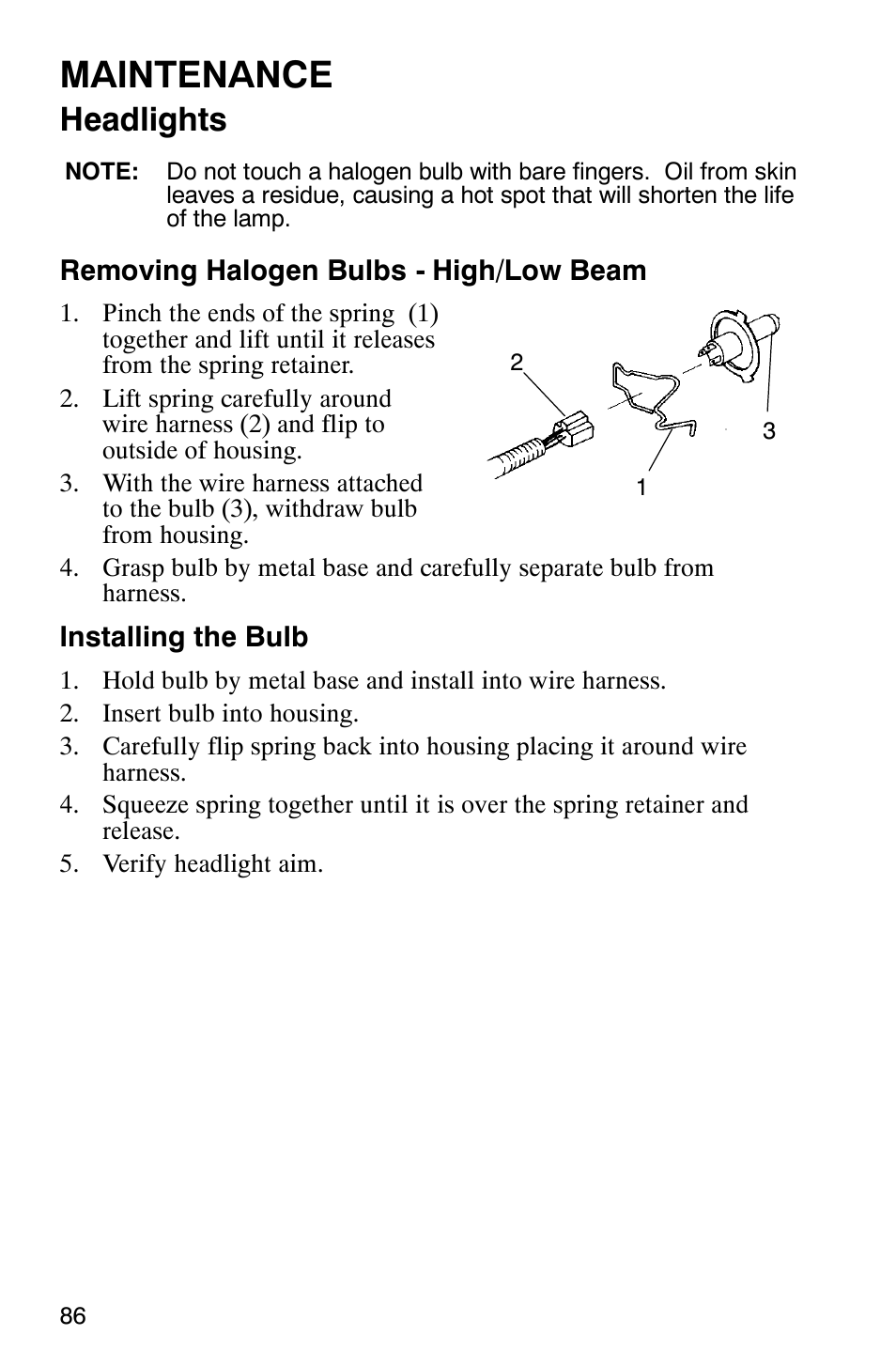 Maintenance, Headlights | Polaris 2005 440 IQ User Manual | Page 89 / 122