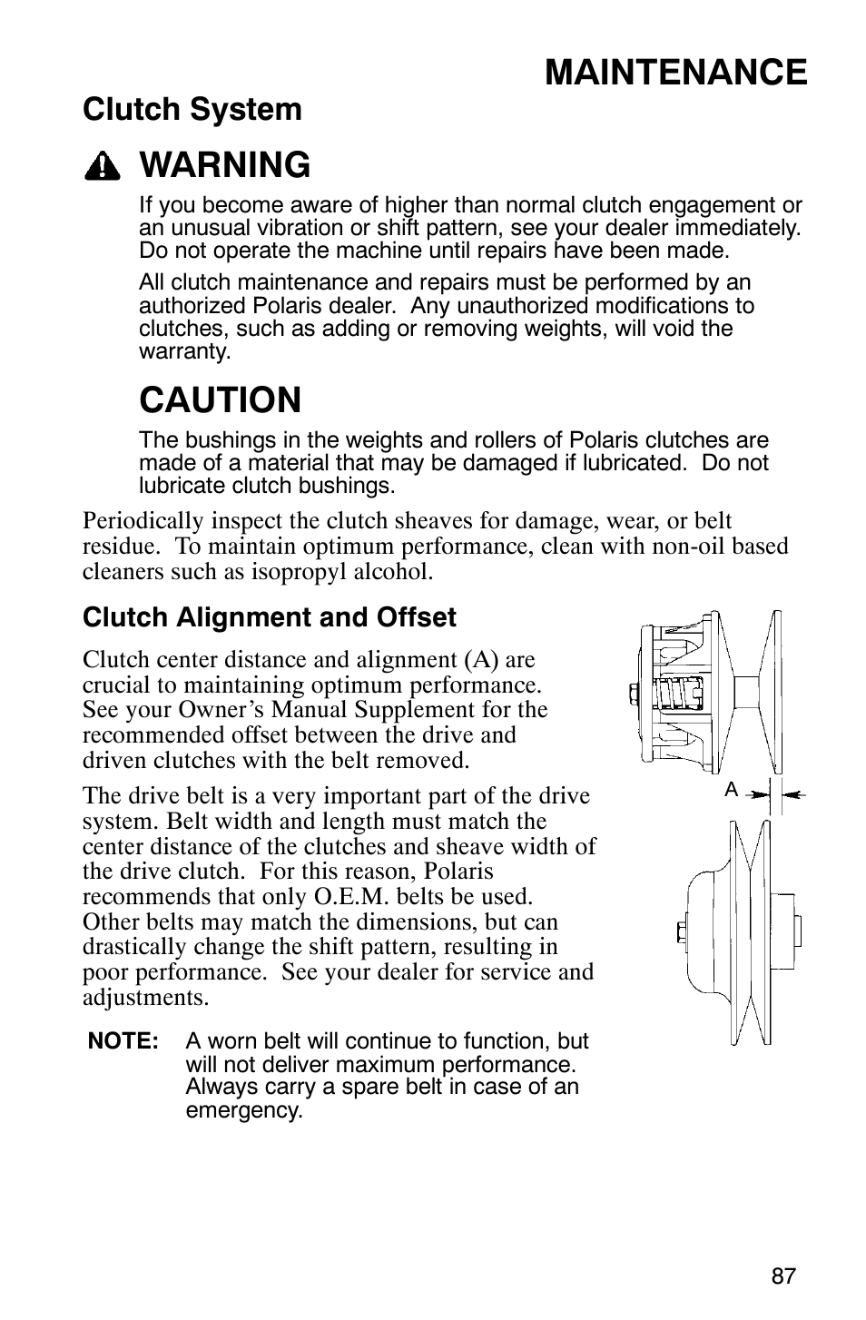 Maintenance, Warning, Caution | Clutch system | Polaris 2005 440 IQ User Manual | Page 90 / 122