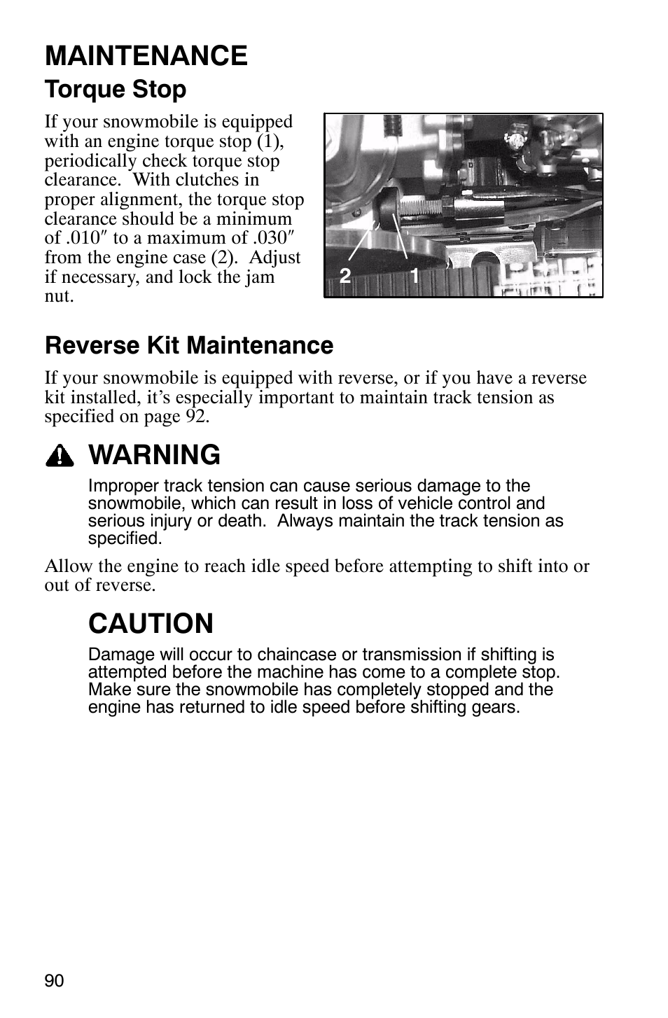 Maintenance, Warning, Caution | Torque stop, Reverse kit maintenance | Polaris 2005 440 IQ User Manual | Page 93 / 122