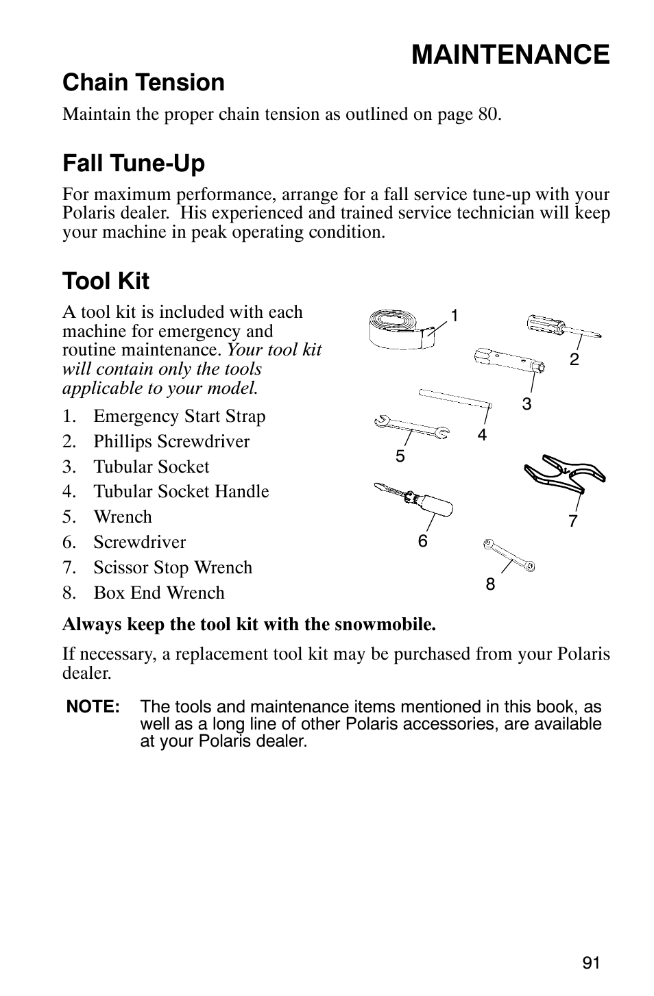 Maintenance, Chain tension, Fall tune-up | Tool kit | Polaris 2005 440 IQ User Manual | Page 94 / 122