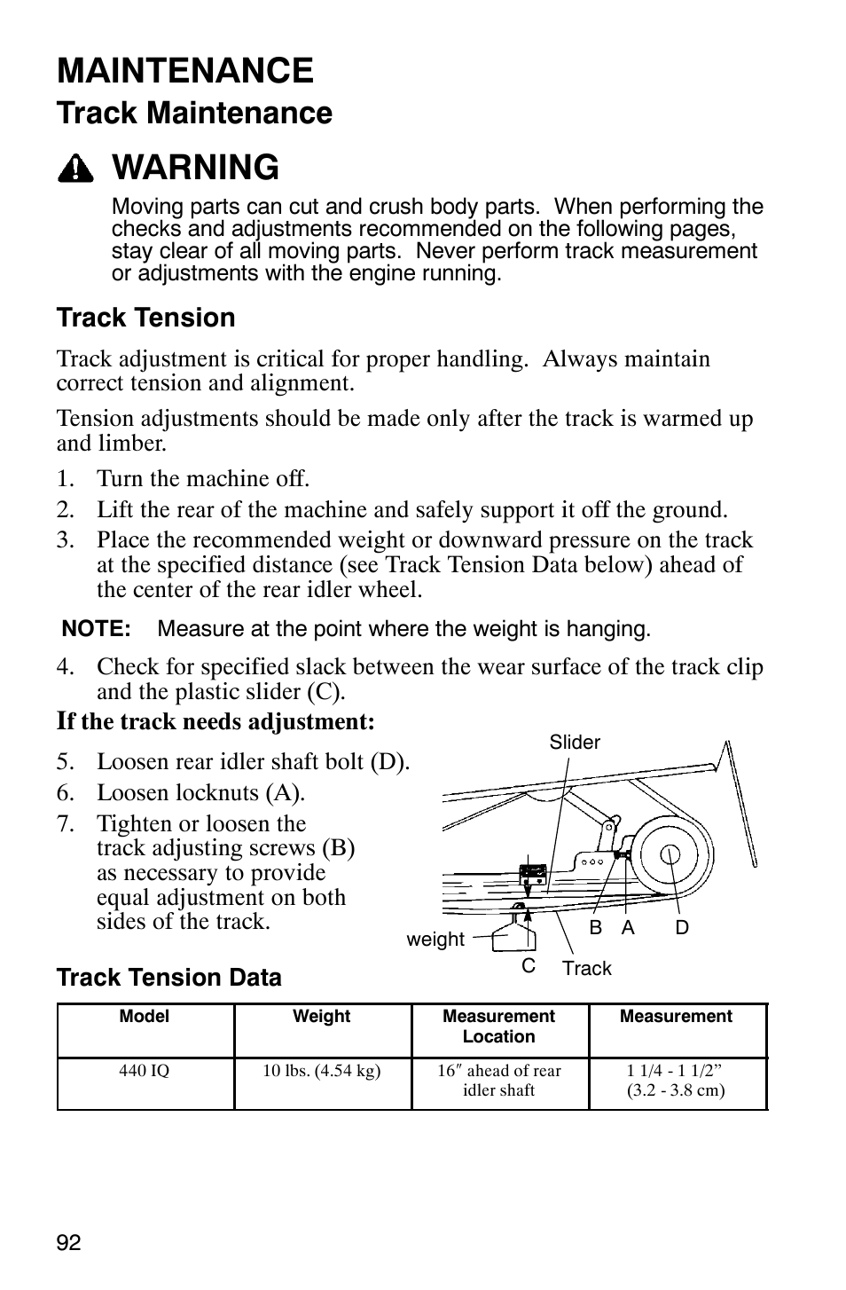 Maintenance, Warning, Track maintenance | Track tension | Polaris 2005 440 IQ User Manual | Page 95 / 122