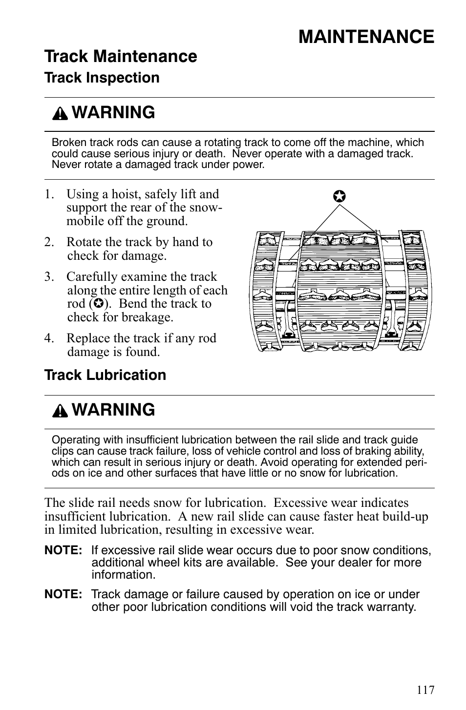 Maintenance, Track maintenance, Warning | Polaris 2006 Edge Snowmobiles with 121 Track User Manual | Page 120 / 157