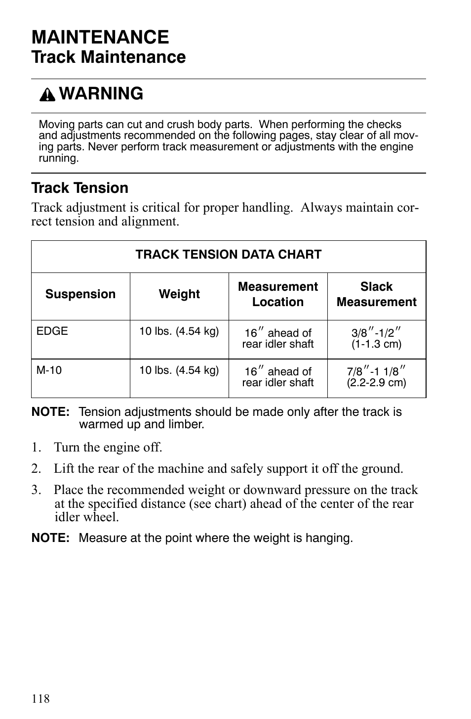 Maintenance, Track maintenance, Warning | Track tension | Polaris 2006 Edge Snowmobiles with 121 Track User Manual | Page 121 / 157