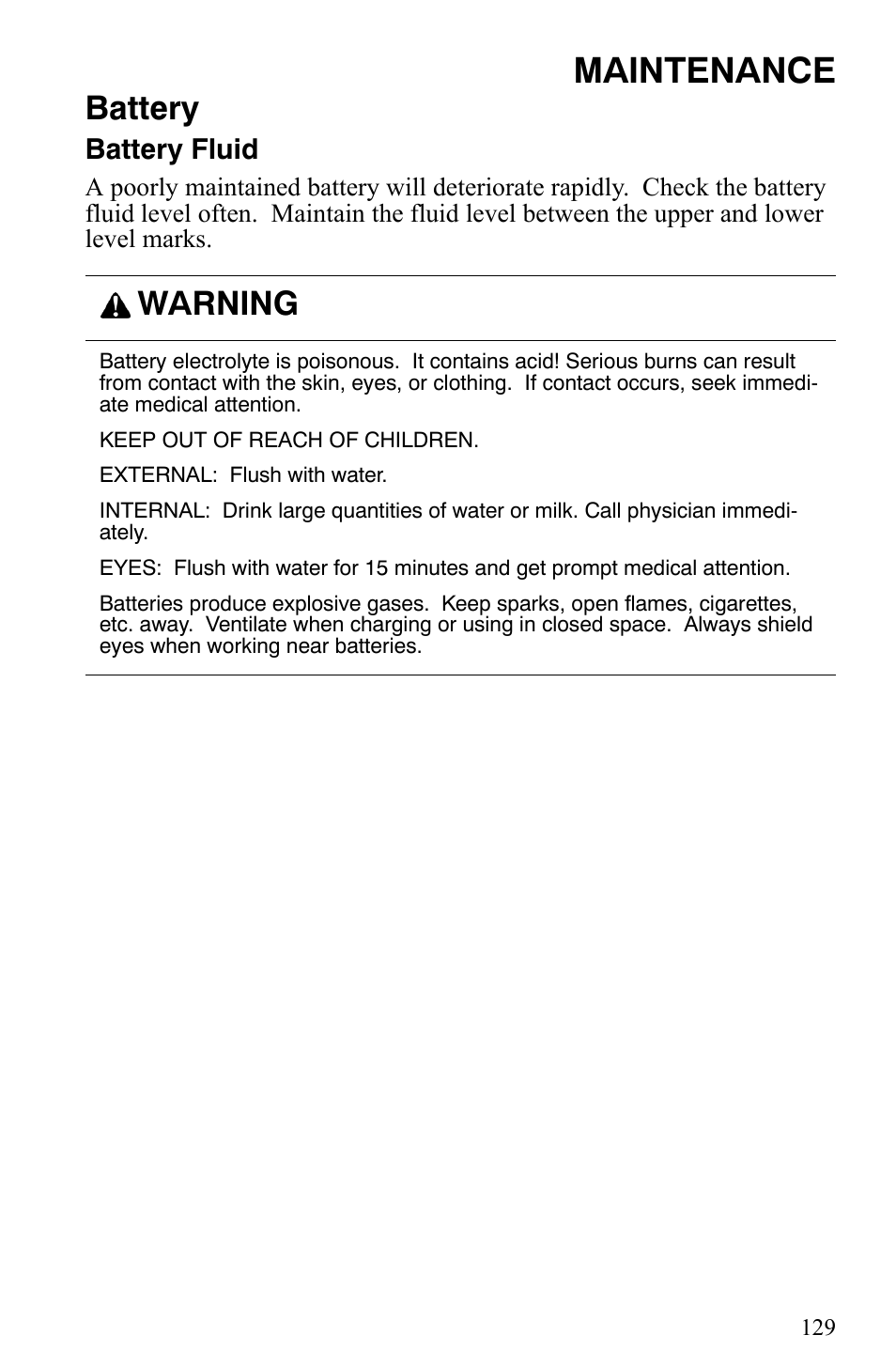 Maintenance, Battery, Warning | Polaris 2006 Edge Snowmobiles with 121 Track User Manual | Page 132 / 157