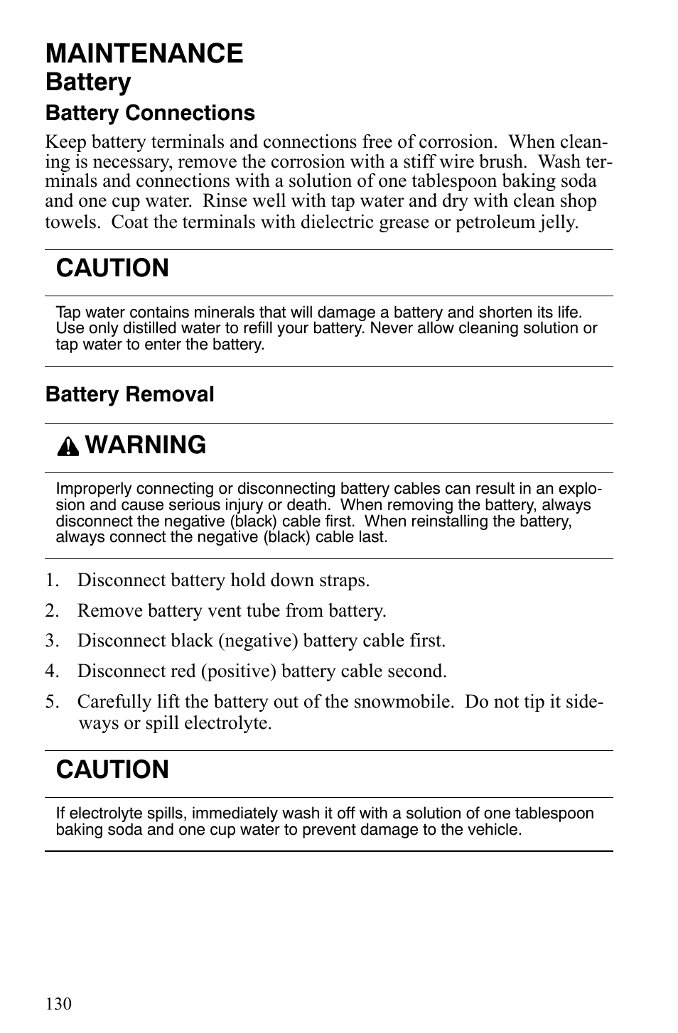 Maintenance, Battery, Caution | Warning | Polaris 2006 Edge Snowmobiles with 121 Track User Manual | Page 133 / 157