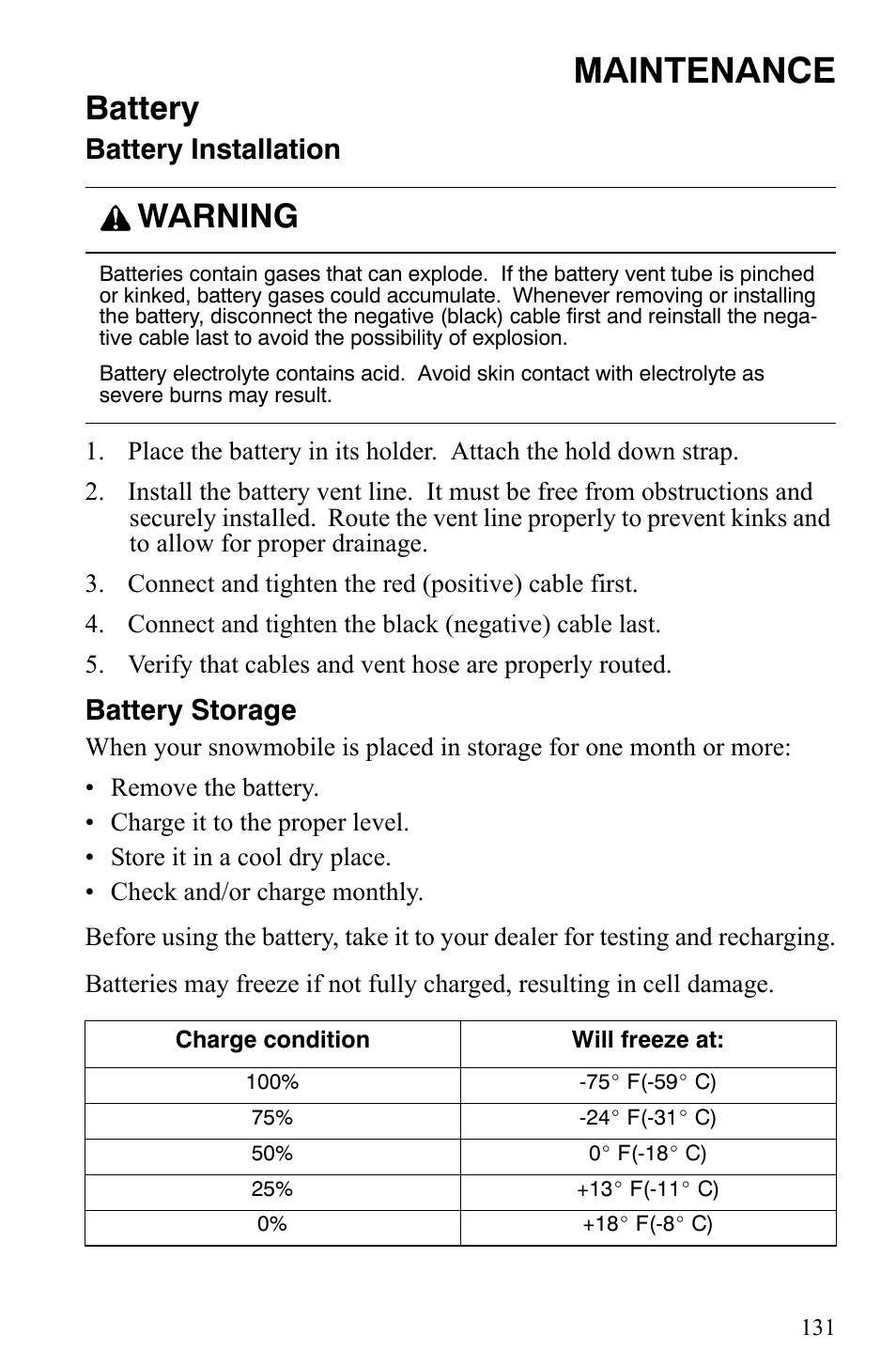 Maintenance, Battery, Warning | Battery installation, Battery storage | Polaris 2006 Edge Snowmobiles with 121 Track User Manual | Page 134 / 157