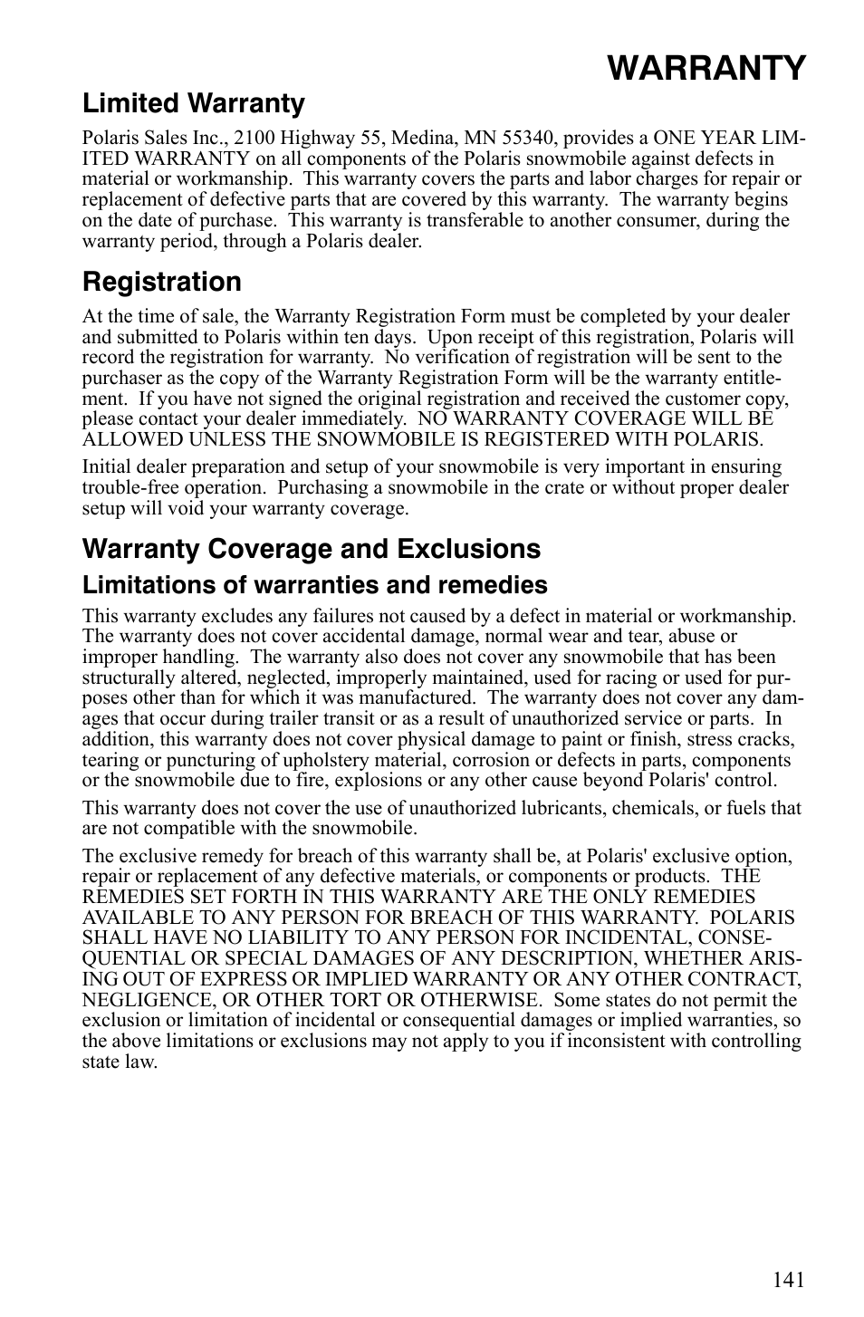 Warranty, Limited warranty, Registration | Warranty coverage and exclusions, Limitations of warranties and remedies | Polaris 2006 Edge Snowmobiles with 121 Track User Manual | Page 144 / 157