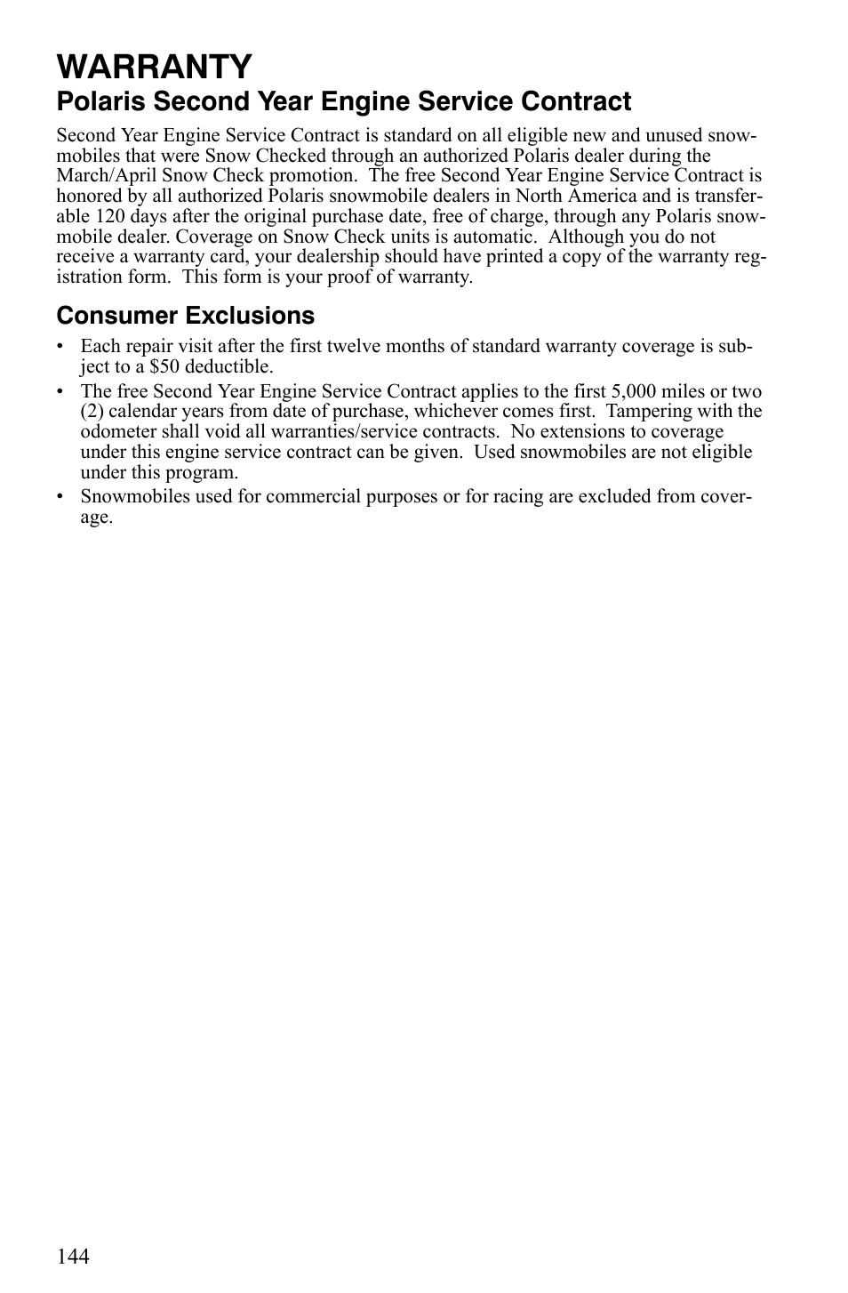 Warranty, Polaris second year engine service contract, Consumer exclusions | Polaris 2006 Edge Snowmobiles with 121 Track User Manual | Page 147 / 157