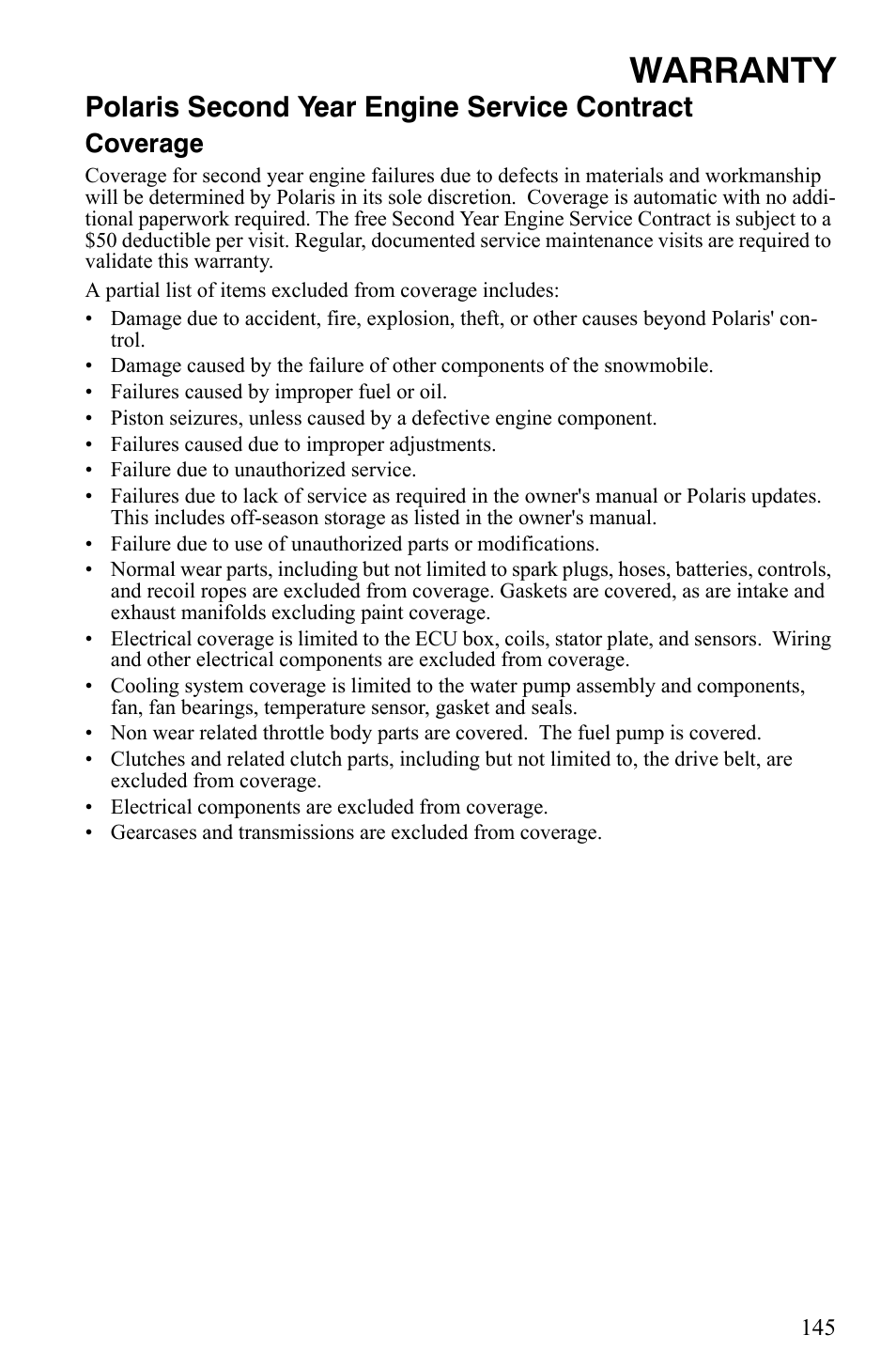 Warranty, Polaris second year engine service contract, Coverage | Polaris 2006 Edge Snowmobiles with 121 Track User Manual | Page 148 / 157