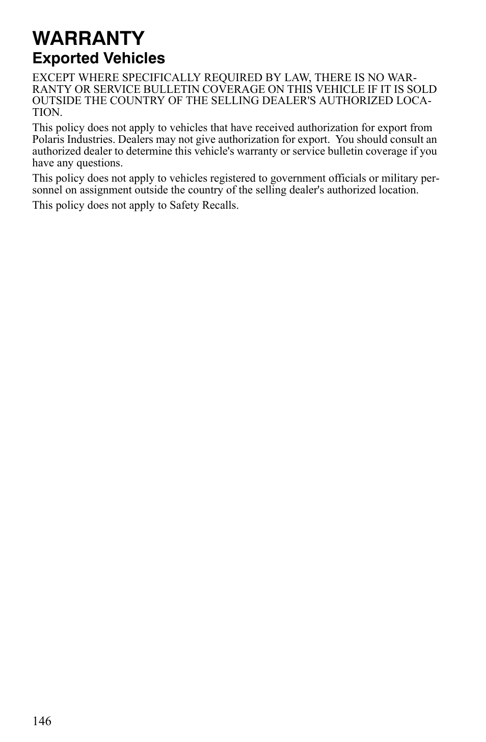 Warranty, Exported vehicles | Polaris 2006 Edge Snowmobiles with 121 Track User Manual | Page 149 / 157