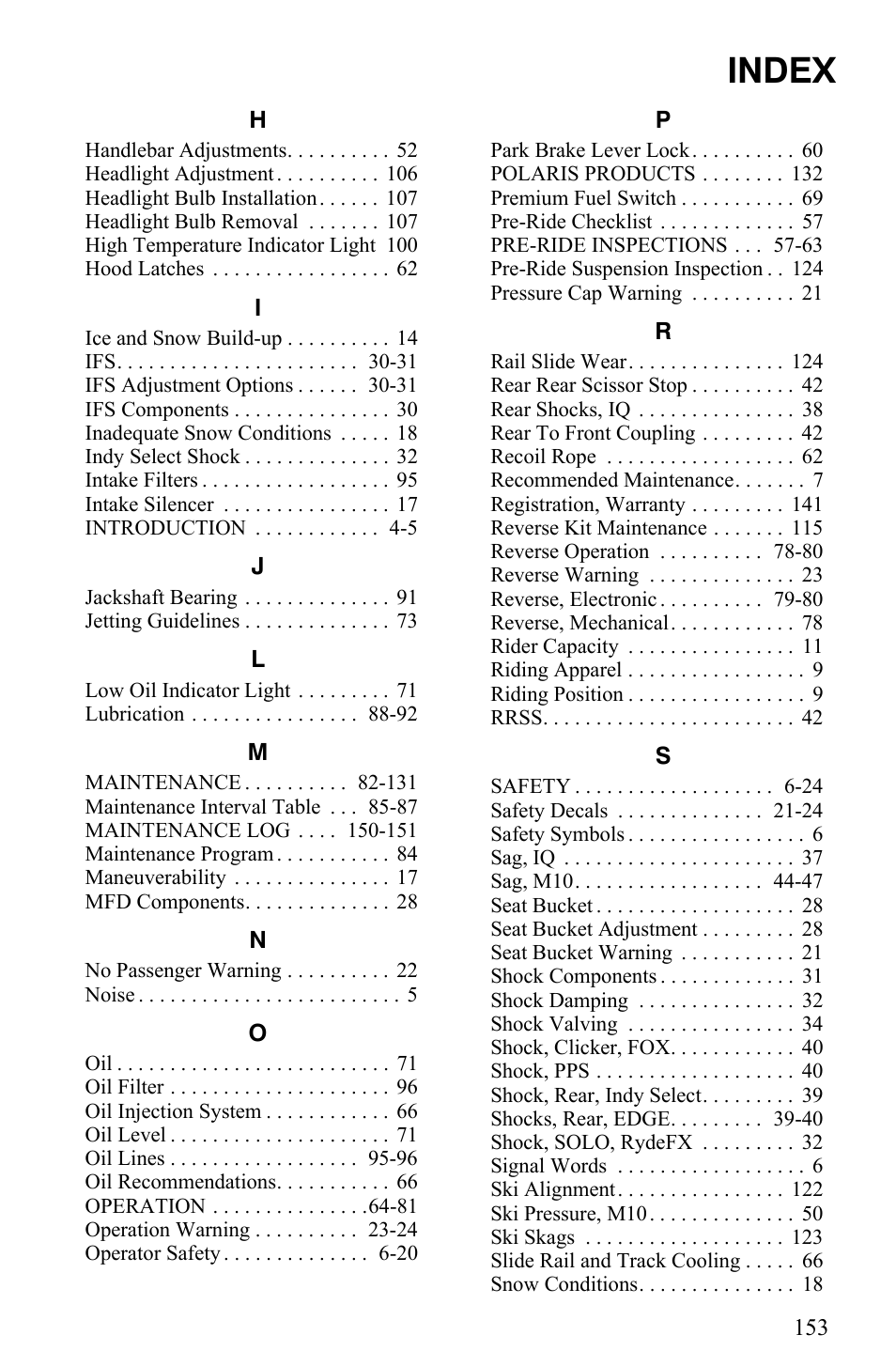 Index | Polaris 2006 Edge Snowmobiles with 121 Track User Manual | Page 156 / 157