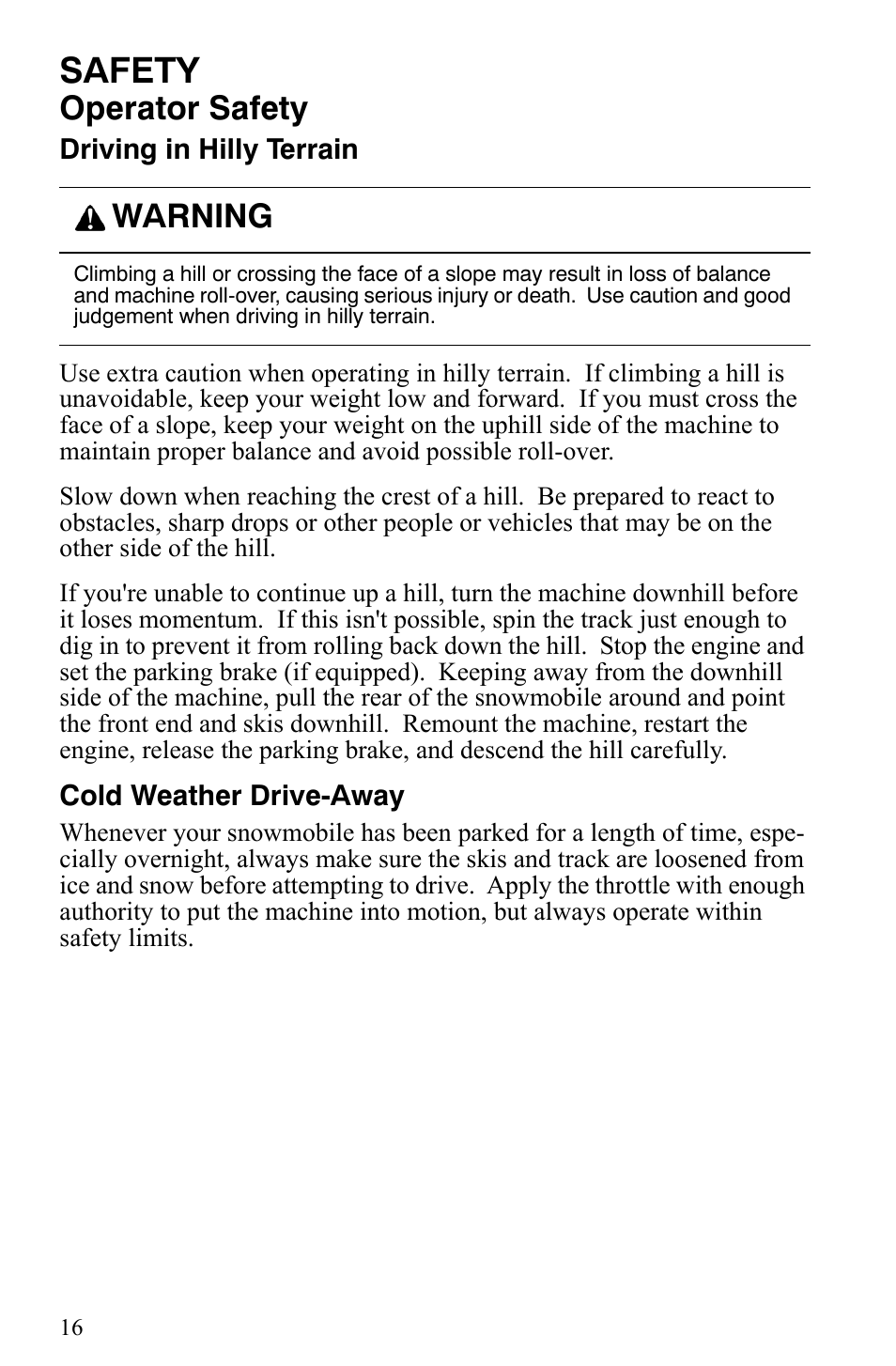 Safety, Operator safety, Warning | Polaris 2006 Edge Snowmobiles with 121 Track User Manual | Page 19 / 157