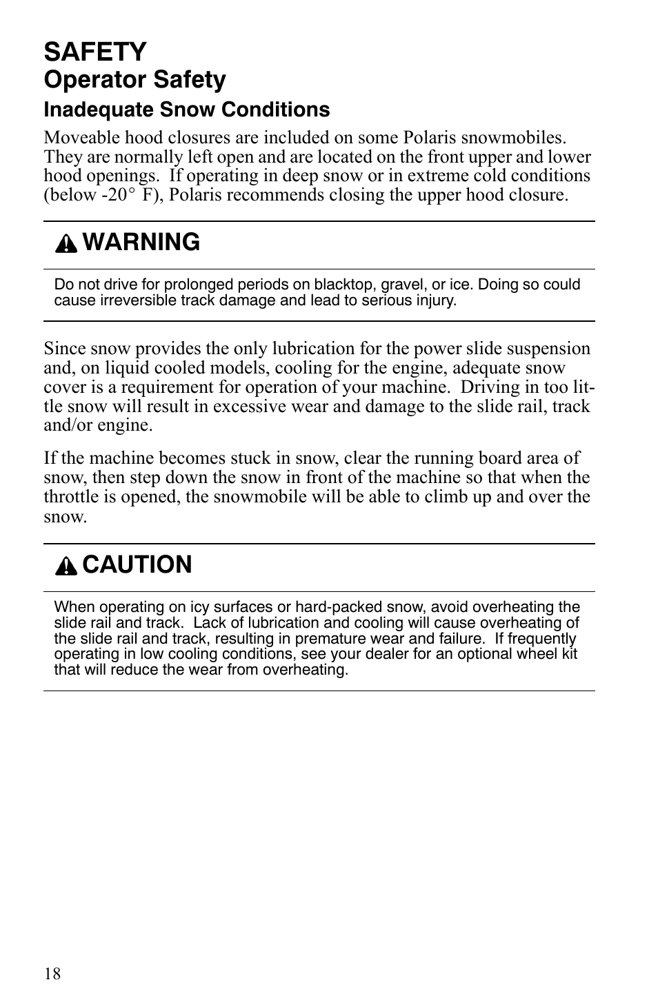 Safety, Operator safety, Warning | Caution | Polaris 2006 Edge Snowmobiles with 121 Track User Manual | Page 21 / 157