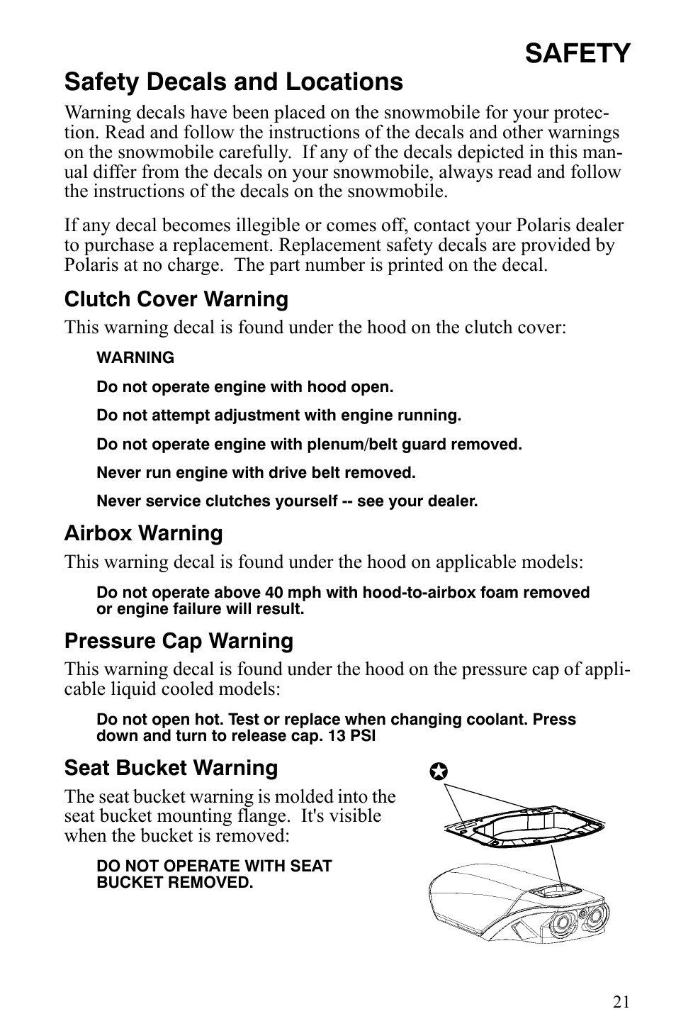 Safety, Safety decals and locations | Polaris 2006 Edge Snowmobiles with 121 Track User Manual | Page 24 / 157