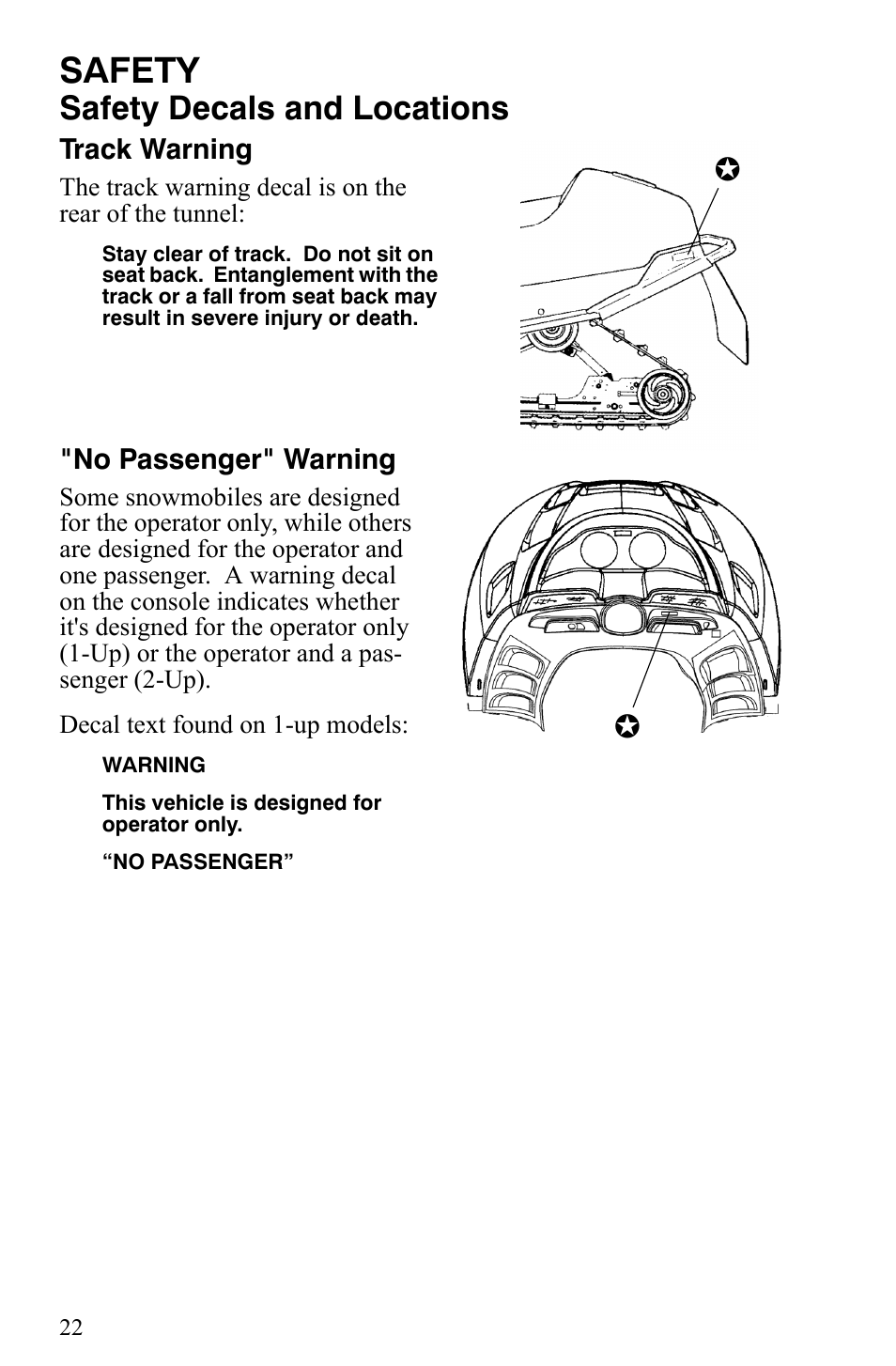 Safety, Safety decals and locations | Polaris 2006 Edge Snowmobiles with 121 Track User Manual | Page 25 / 157